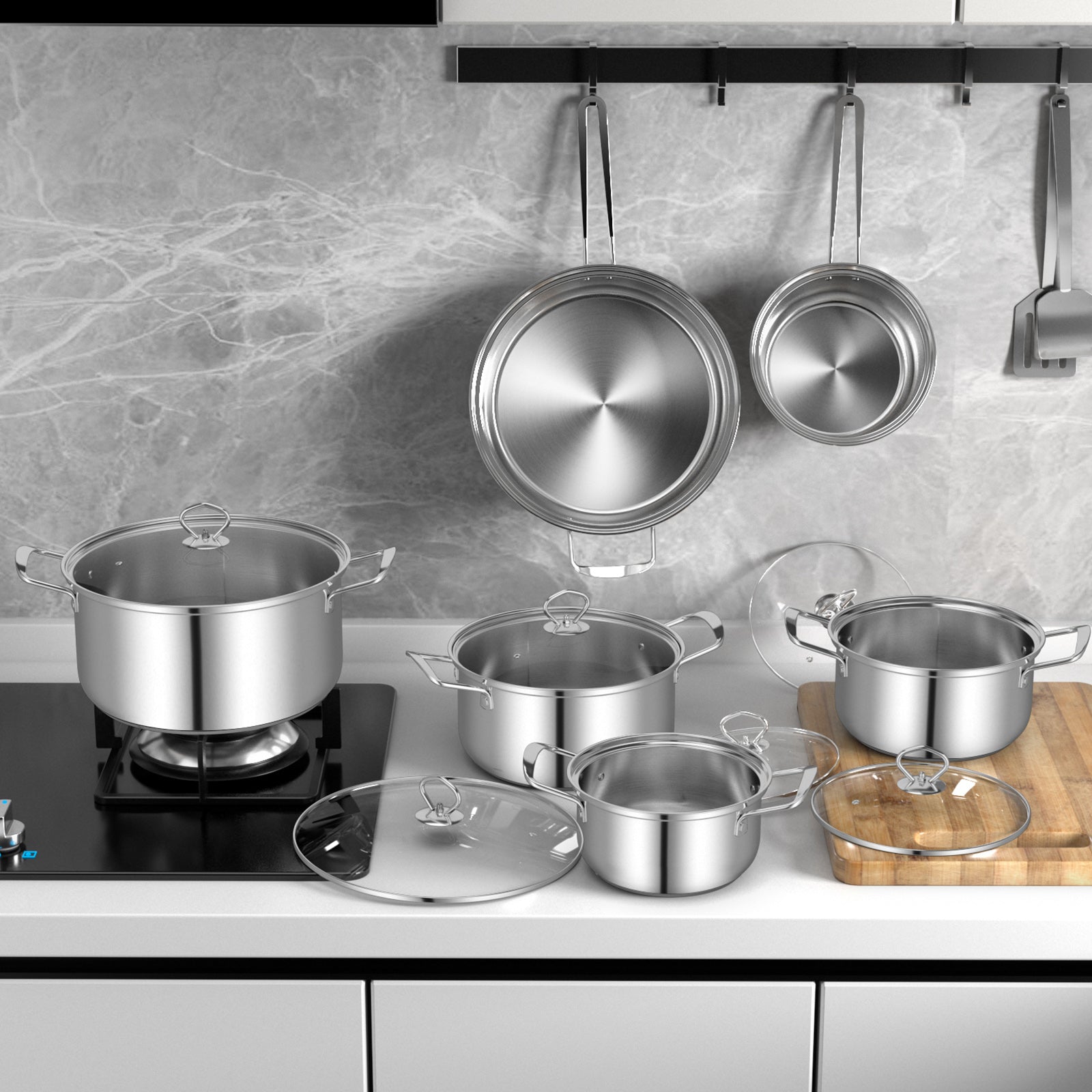 12 Piece Pots and Pans Set with Tempered Glass Lids and Handles displayed in modern kitchen setting