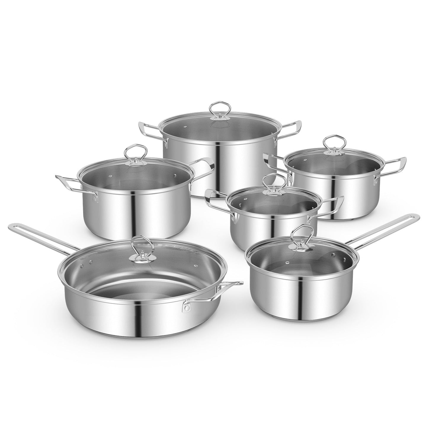 12 Piece Pots and Pans Set with Tempered Glass Lids and Handles, stainless steel cookware with easy-pour edge, frying pan included
