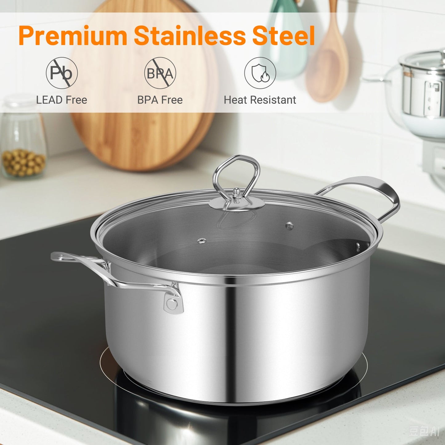 12 Piece Pots and Pans Set with Tempered Glass Lids and Handles, premium stainless steel stockpot on stovetop, lead-free, BPA-free, heat resistant.