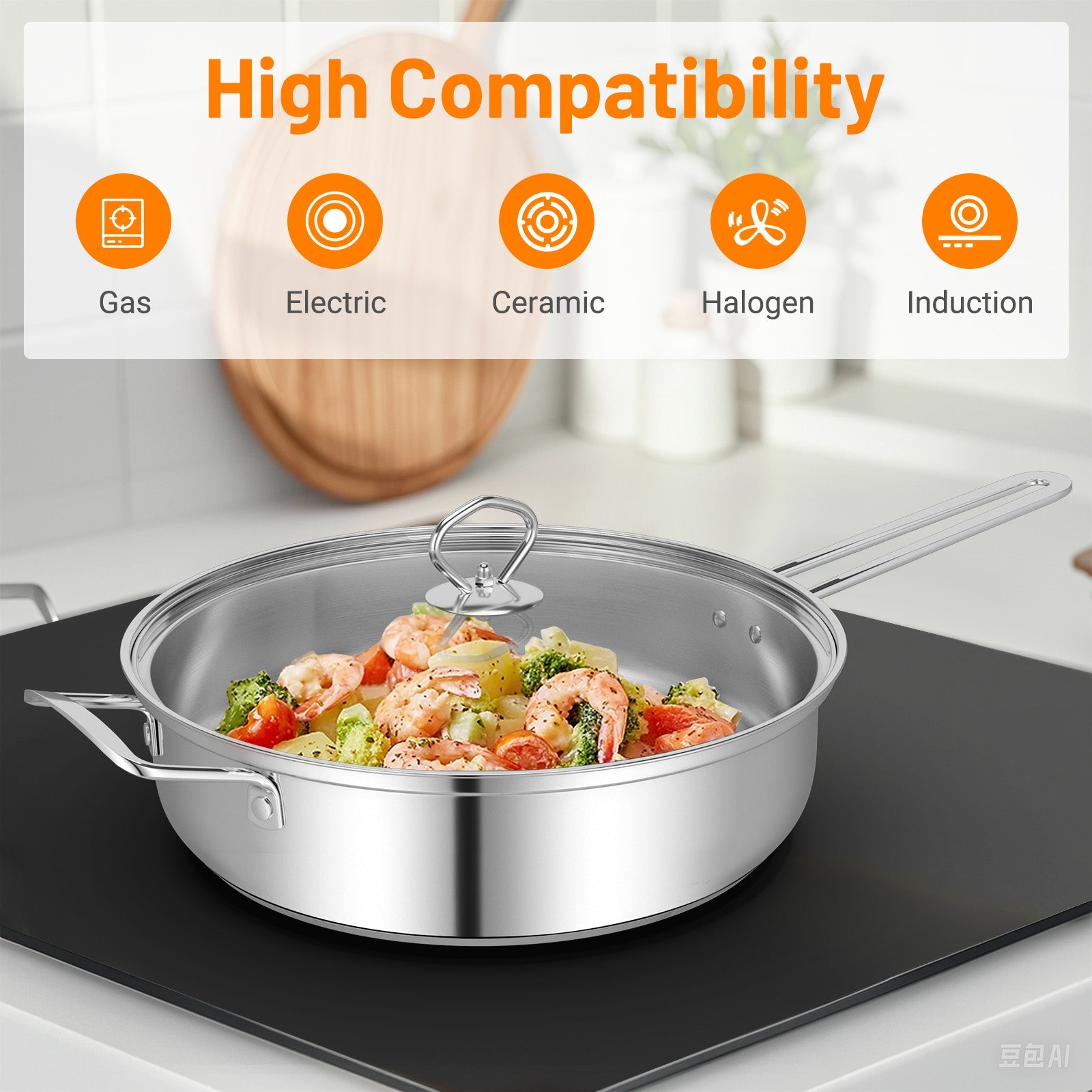 12 Piece Pots and Pans Set with Tempered Glass Lids and Handles in kitchen, showing high compatibility for various stove types.