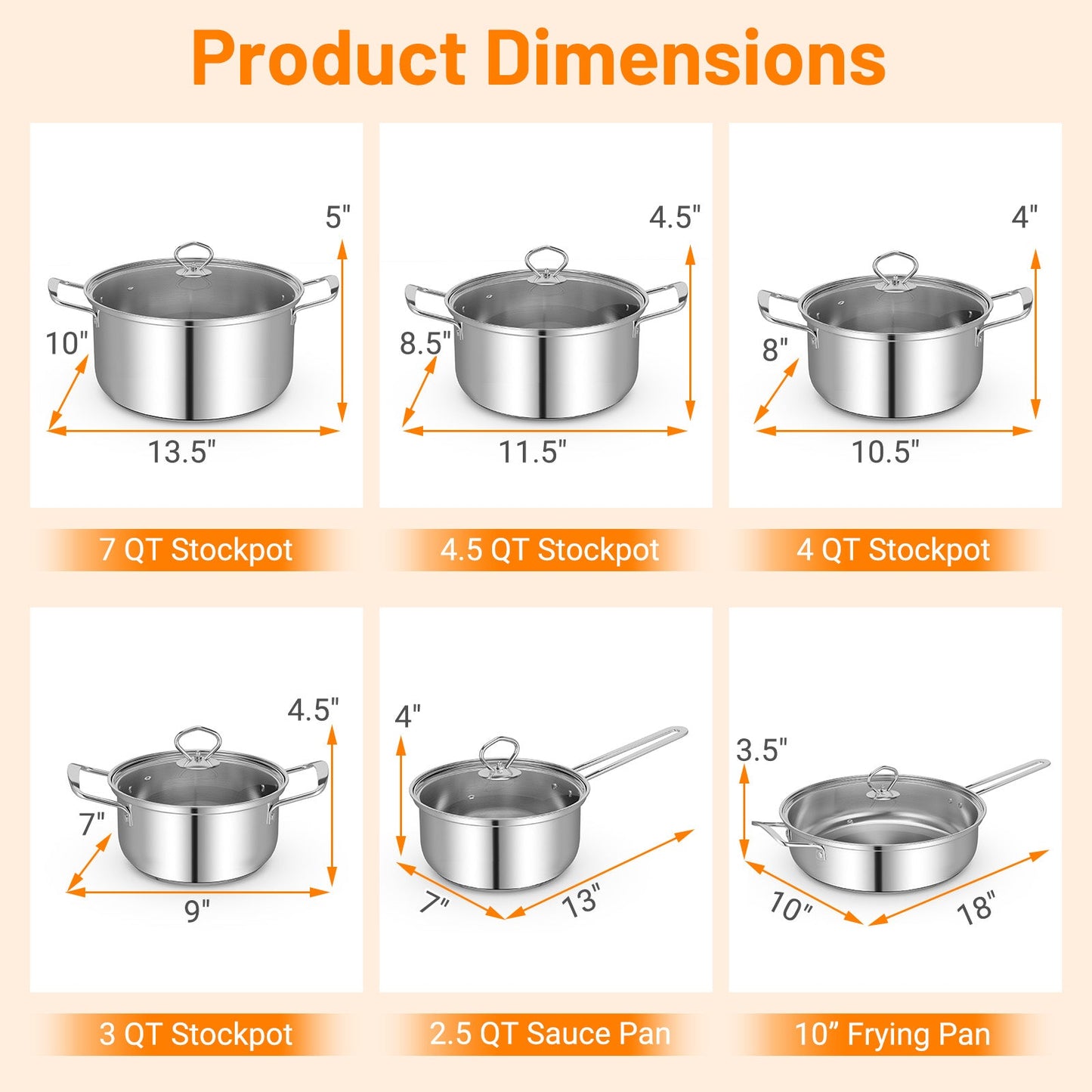 Product dimensions for 12 Piece Pots and Pans Set with Tempered Glass Lids and Handles, including stockpots, saucepan, and frying pan.