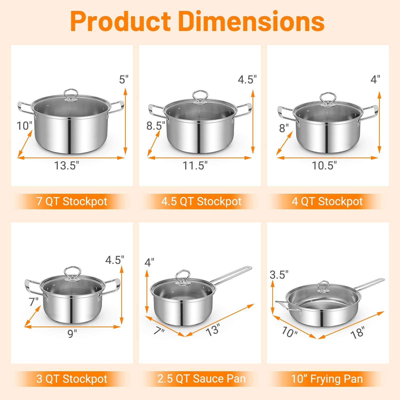 Product dimensions for 12 Piece Pots and Pans Set with Tempered Glass Lids and Handles, including stockpots, saucepan, and frying pan.