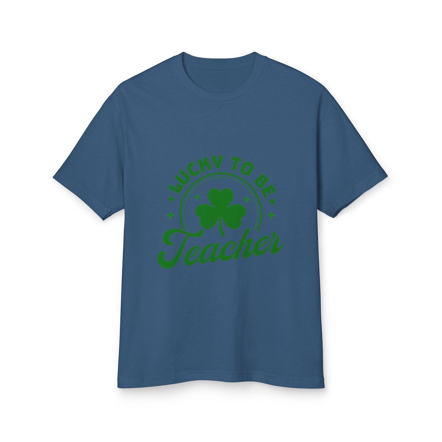Lucky to Be a Teacher Unisex Tee with shamrock design, blue color showcasing teacher pride and positivity.