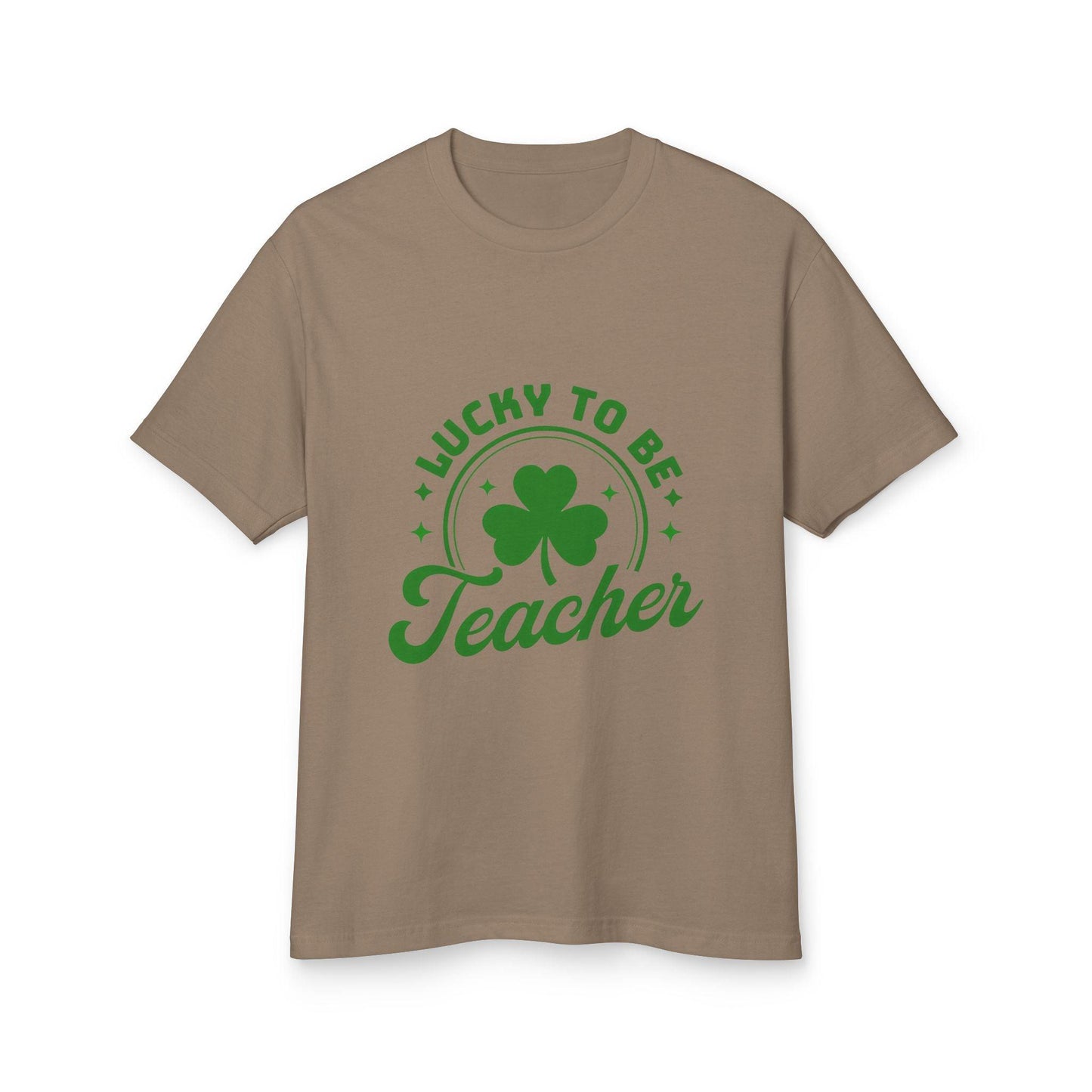 Lucky to Be a Teacher Unisex Tee with shamrock design on a brown shirt, perfect for educators showing pride and joy in teaching.
