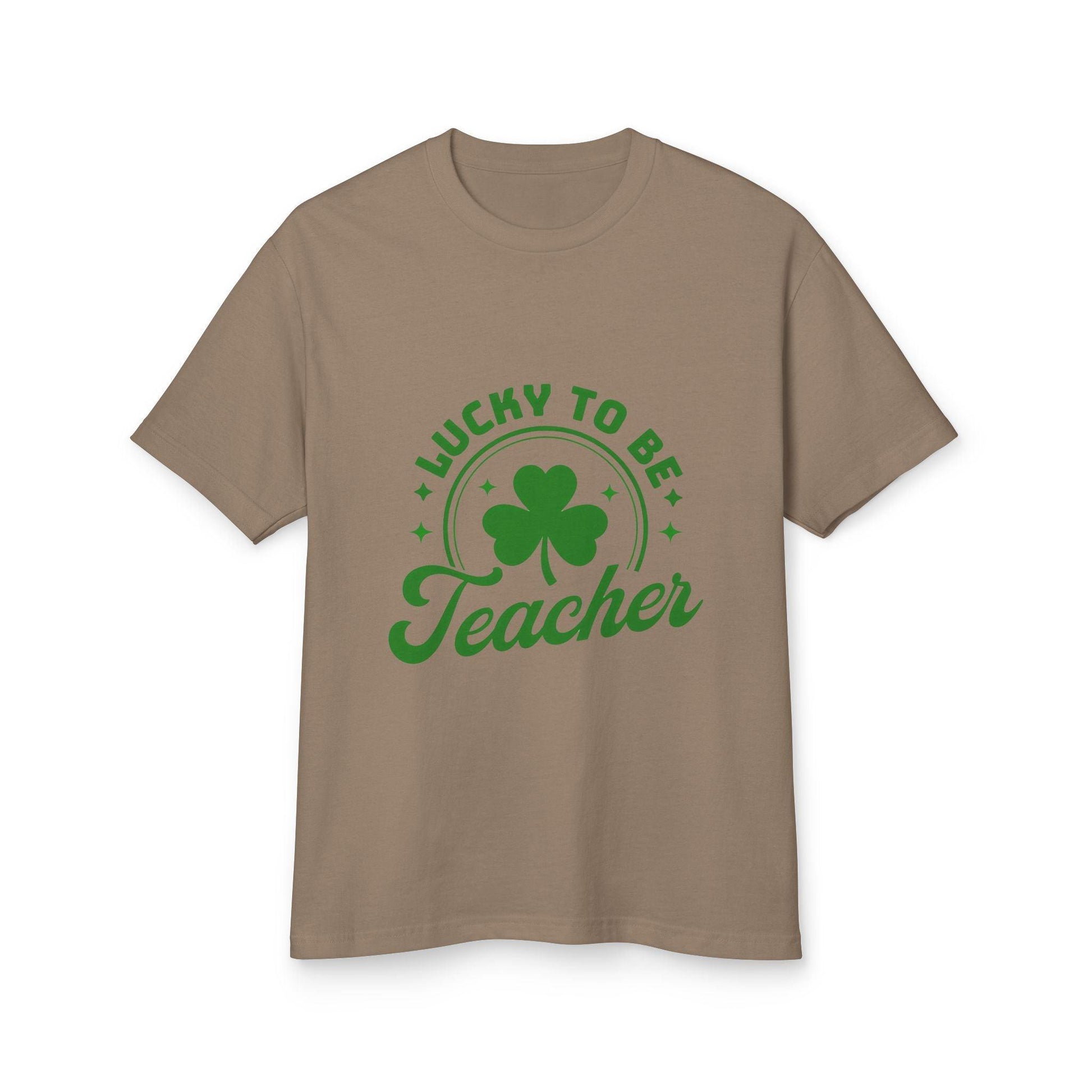 Lucky to Be a Teacher Unisex Tee with shamrock design on a brown shirt, perfect for educators showing pride and joy in teaching.