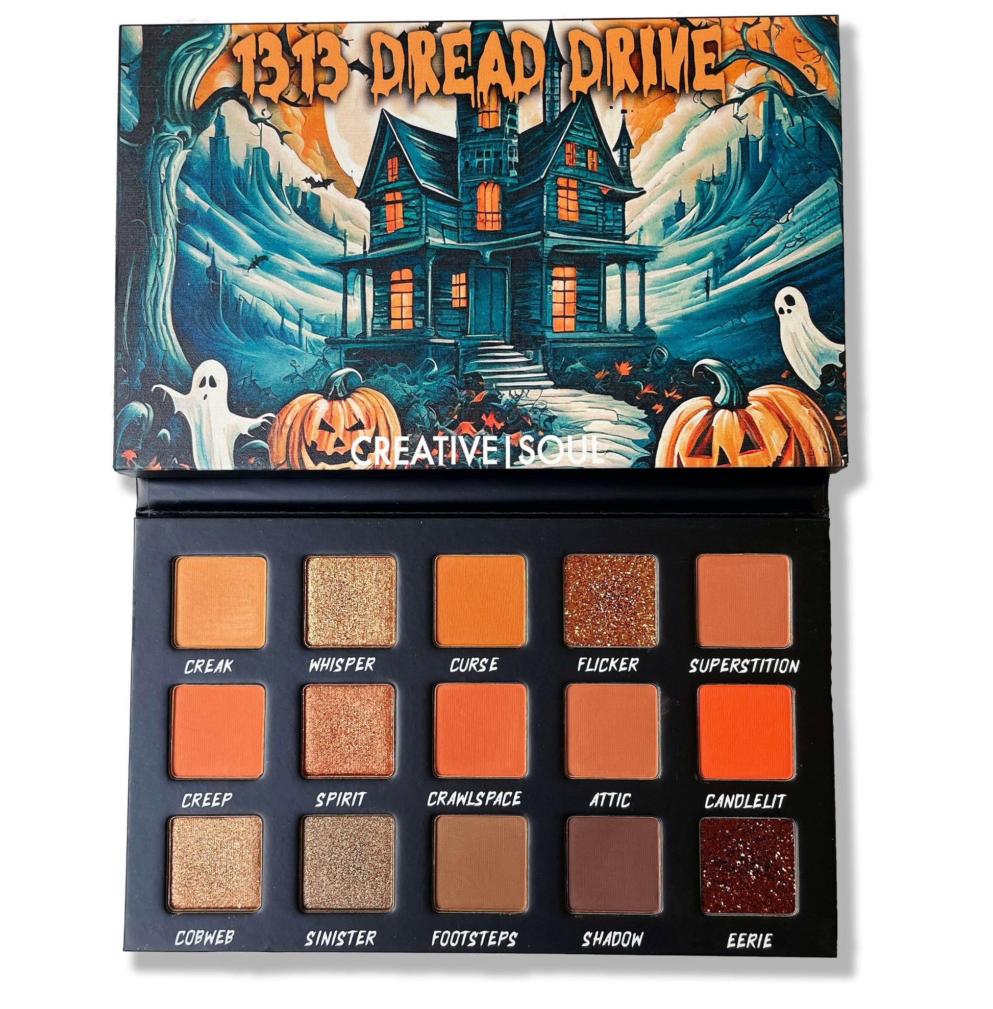 1313 Dread Drive Eyeshadow Palette with haunted house design, featuring various shades named Creak, Whisper, Curse, Flicker, and more.