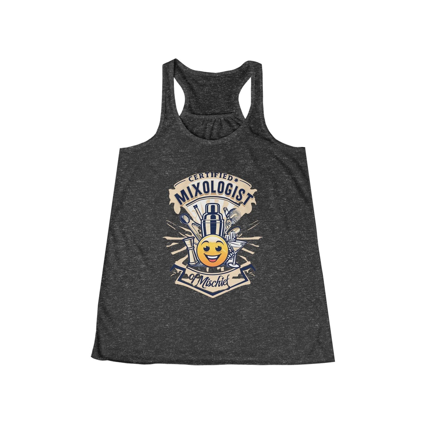 Mixologist of Mischief Womens Racer Back Tank Top in dark gray with playful certified design
