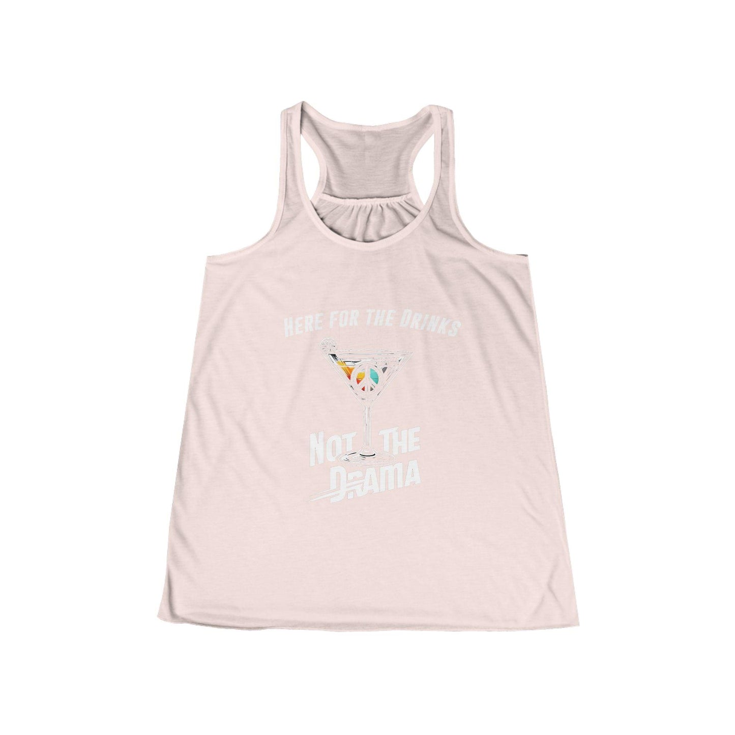 No Drama Womens Flowy Racer Back Tank Top with "Here for the Drinks, Not the Drama" text in soft pink color.