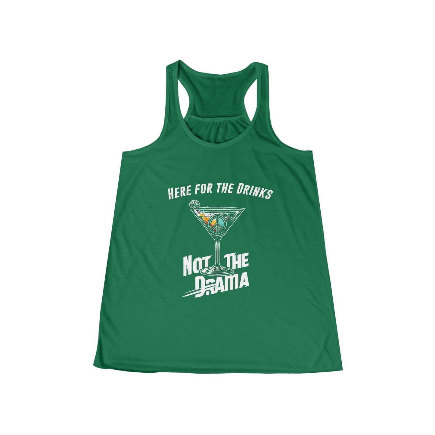 No Drama Womens Flowy Racer Back Tank Top in kelly green with 'Here for the Drinks, Not the Drama' text, perfect for bartenders.