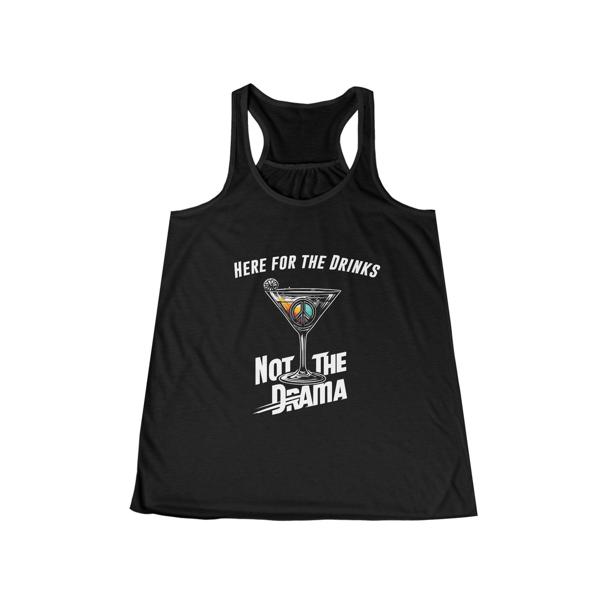 No Drama Womens Flowy Racer Back Tank Top with "Here for the Drinks, Not the Drama" text in black color.