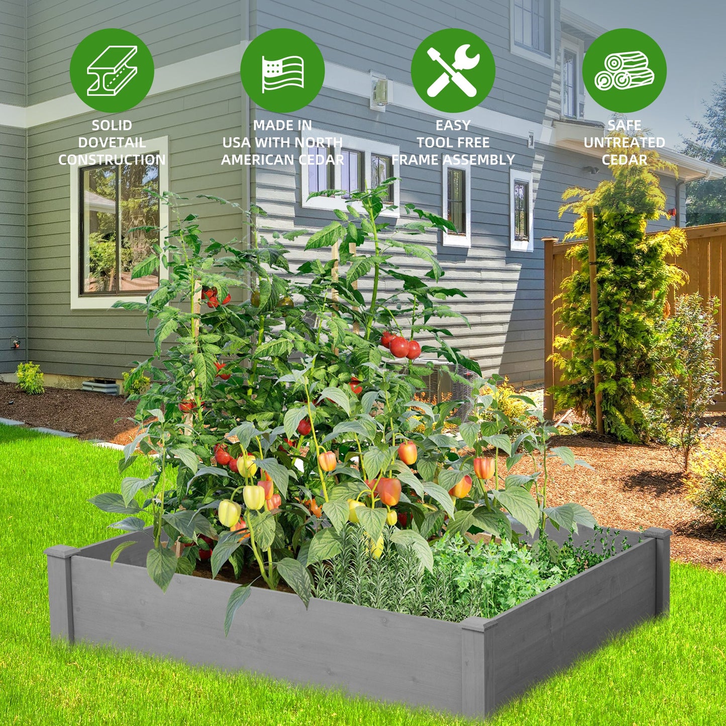 Outdoor Raised Garden Bed 48x48x10'', Tool-Free Assembly, Gray Solid Wood Planter Box
