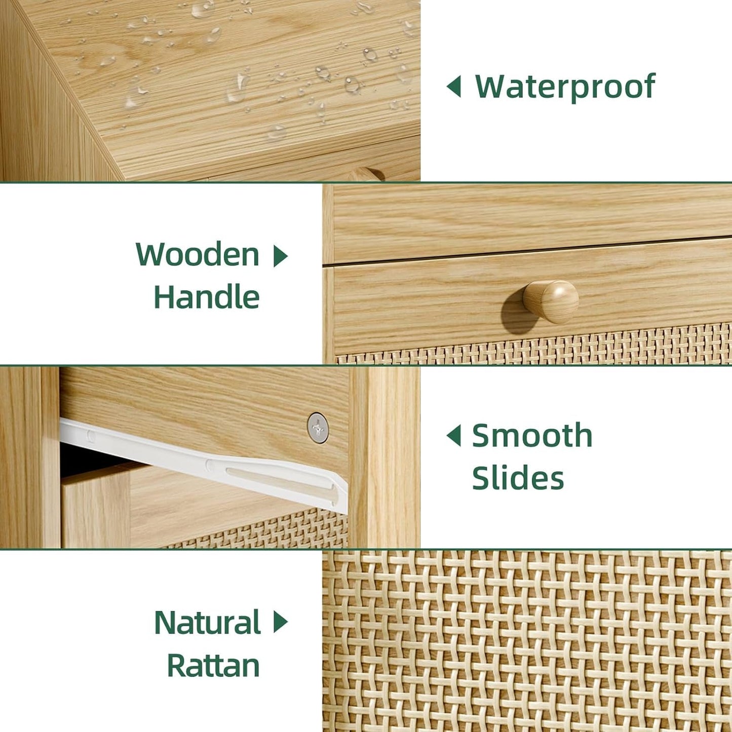 Features of Space-Saving 3-Drawer Rattan Dresser For Bedroom Storage: waterproof surface, wooden handle, smooth slides, natural rattan.