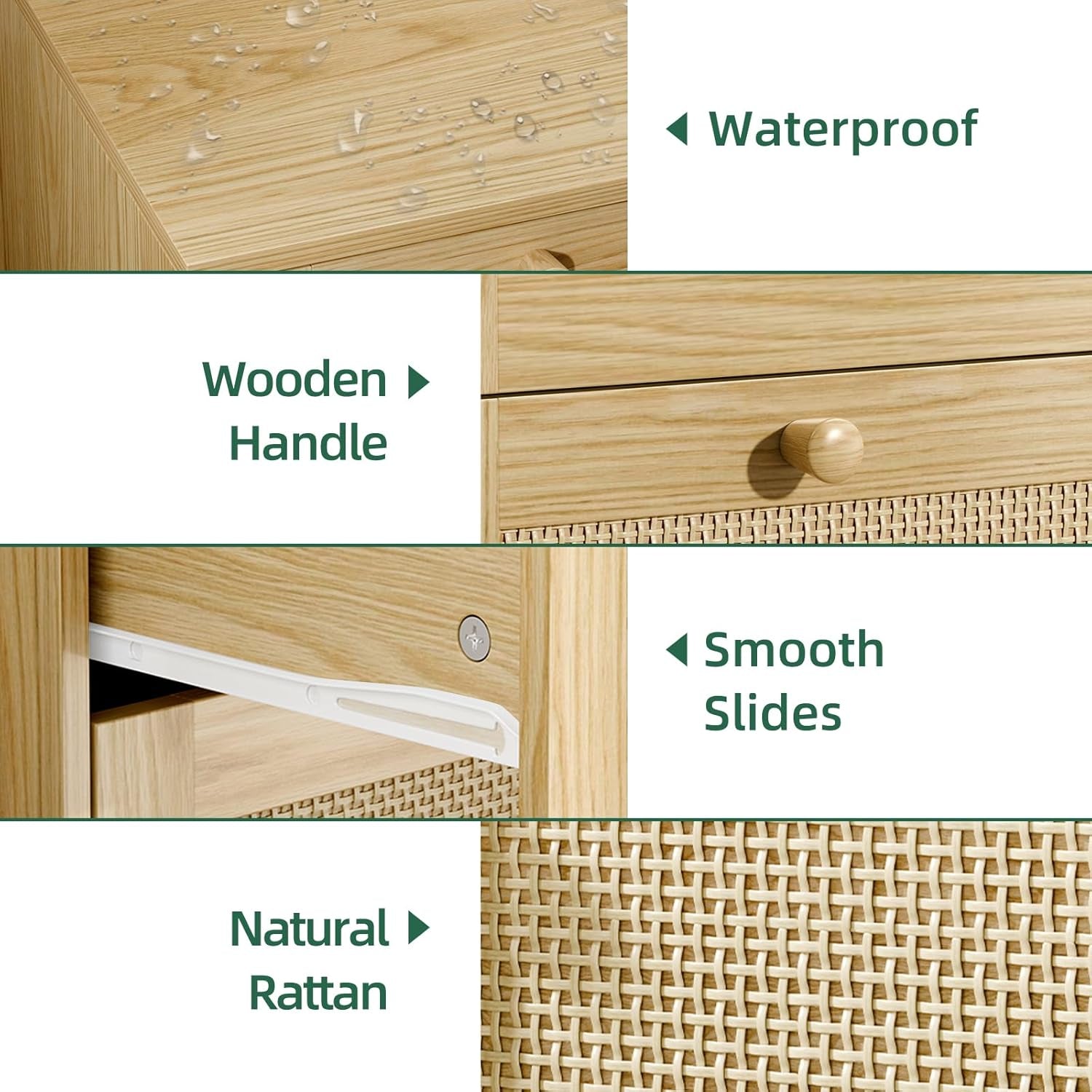 Features of Space-Saving 3-Drawer Rattan Dresser For Bedroom Storage: waterproof surface, wooden handle, smooth slides, natural rattan.