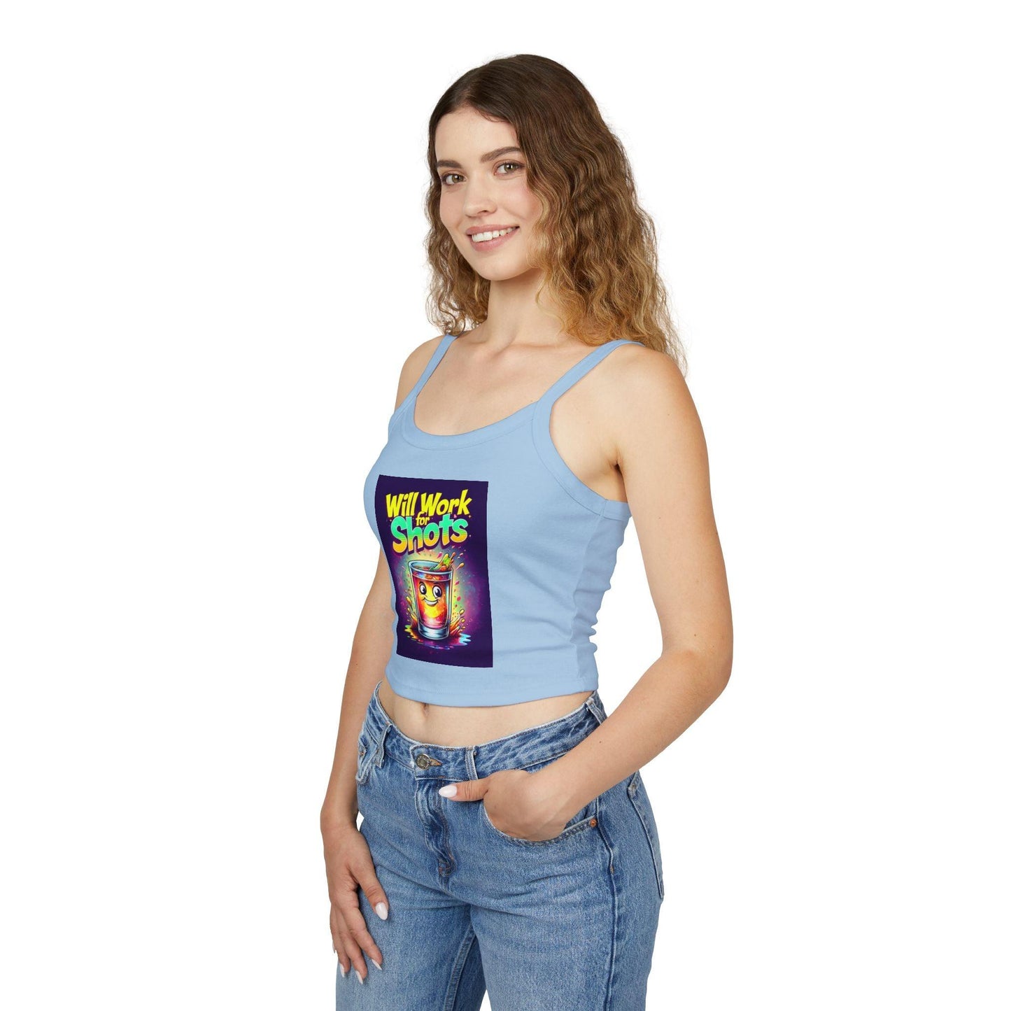 Will Work for Shots Womens Spaghetti Strap Tank Top in light blue with colorful text, modeled by a woman, perfect for bartenders and waitresses.