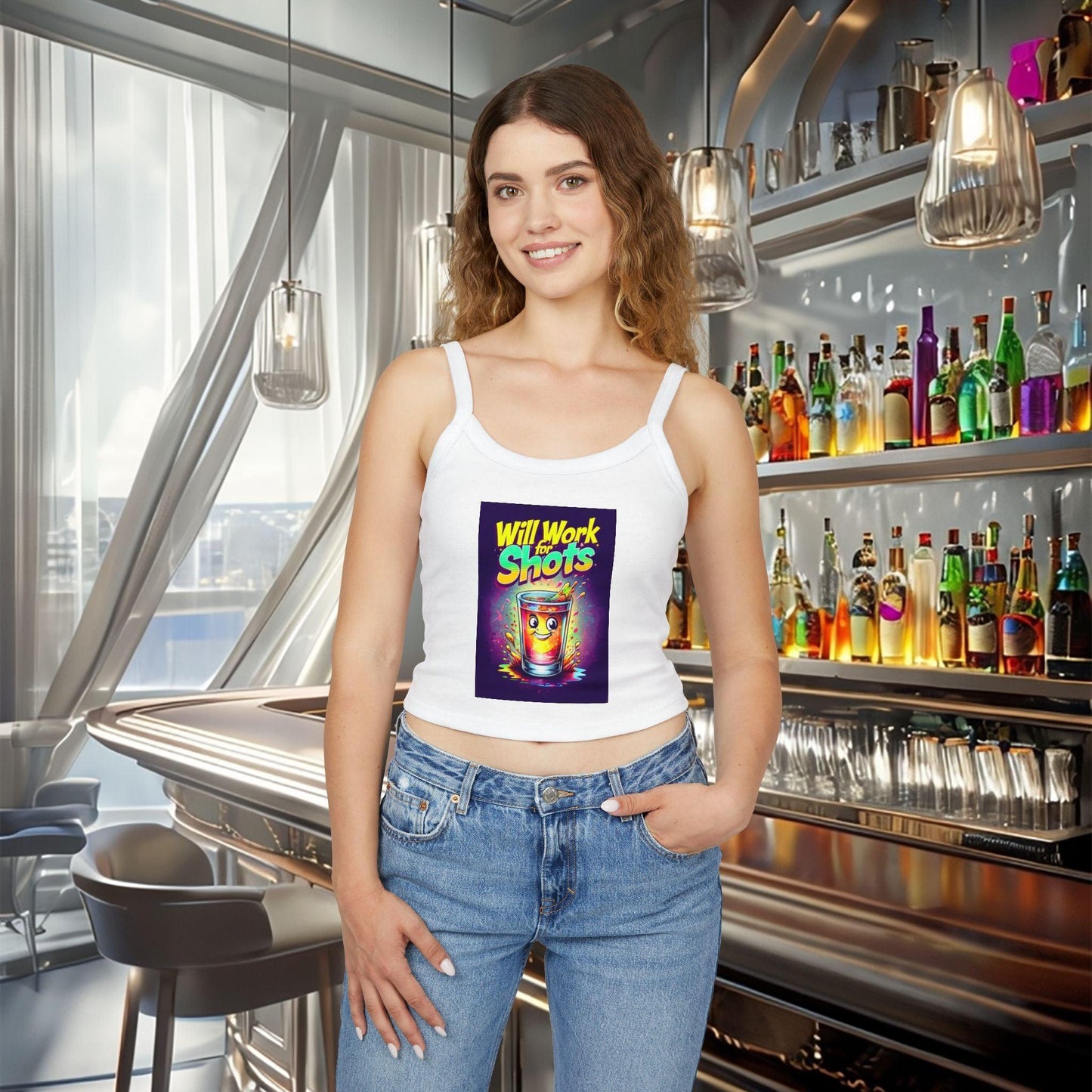 Model wearing Will Work for Shots Womens Spaghetti Strap Tank Top in bar setting