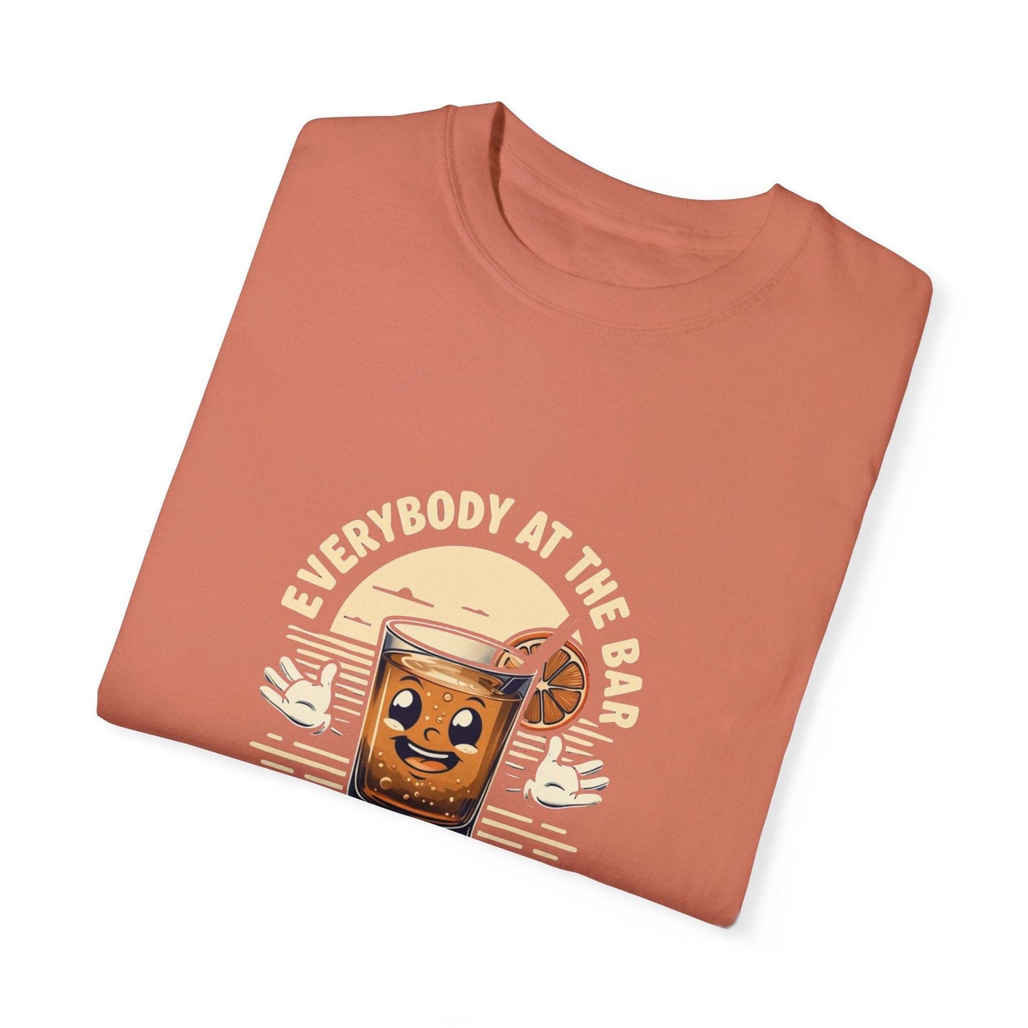 Everybody at the Bar Gettin Tipsy Unisex Garment-Dyed T-Shirt with whiskey glass and playful text design.