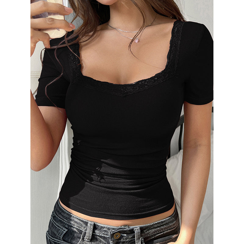 Women’s Y2K Lace Trim Slim Fit Tee – U-Neck Short Sleeve Top