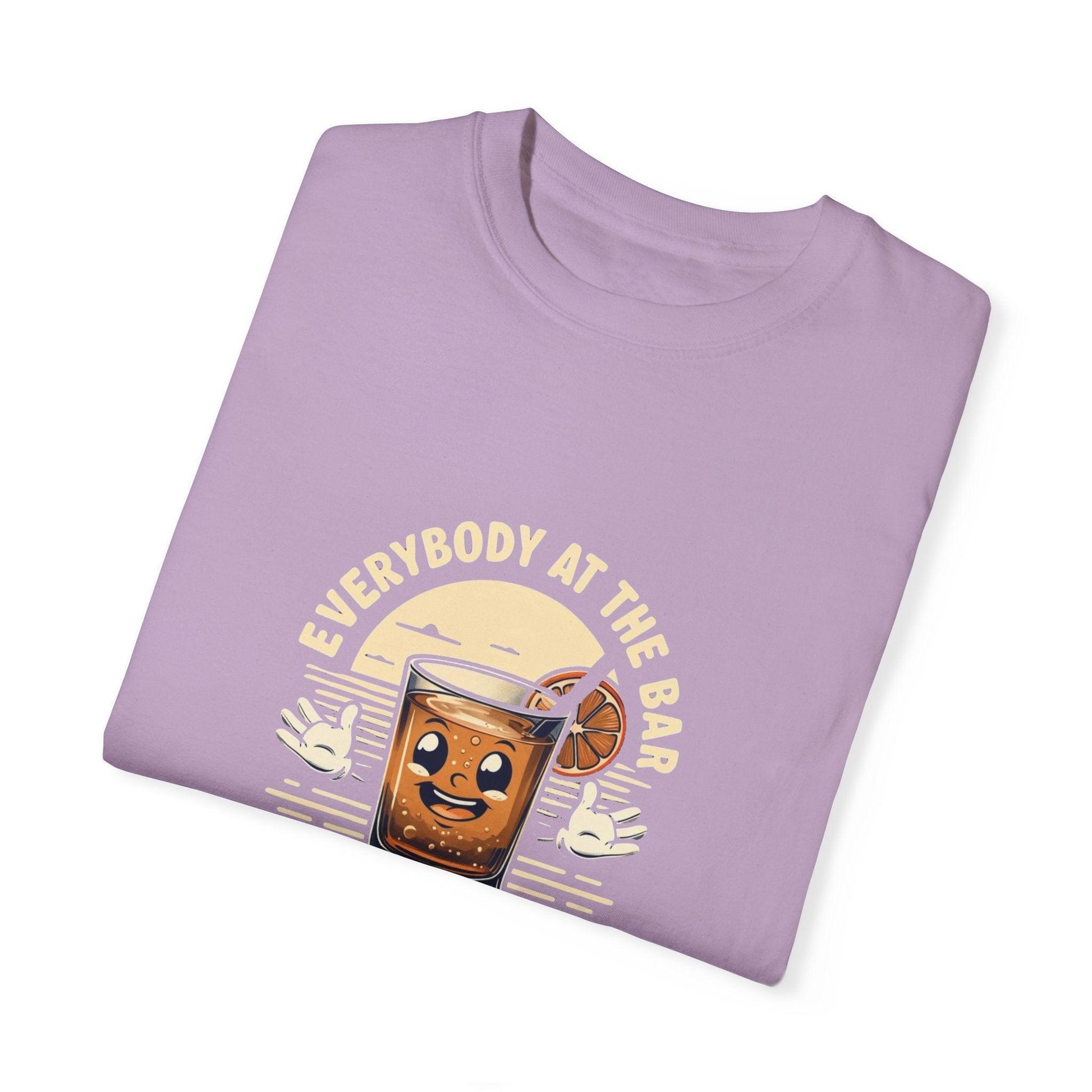 Everybody at the Bar Gettin Tipsy Unisex Garment-Dyed T-Shirt featuring whiskey glass graphic on lavender tee