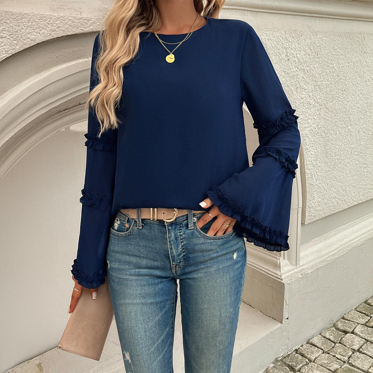 Woman wearing Elegant Socialite Trumpet Sleeved Top – Stylish Ruffled Blouse for Trendy Women in navy blue