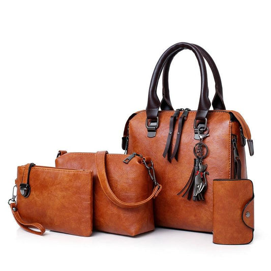 Vintage Leather 4-Piece Messenger Bag Set | Luxury Leather Tote, Clutch & Wallet Set with rich brown texture and elegant design