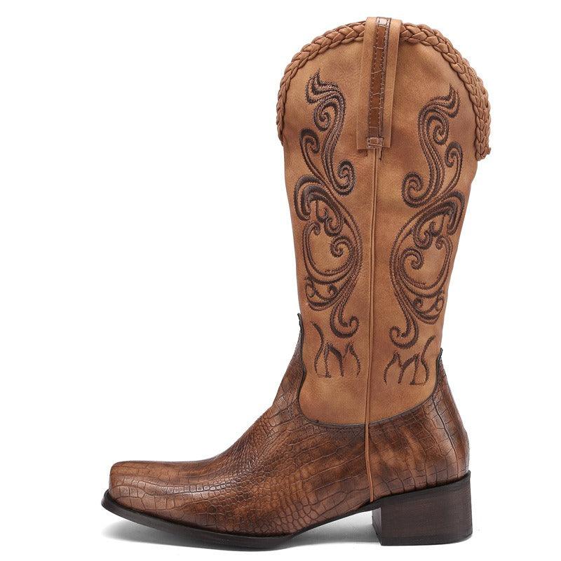 Rustic Western Braided Boots – Retro Cowboy Style with Snakeskin Detailing, featuring intricate braid and stitching, side view.
