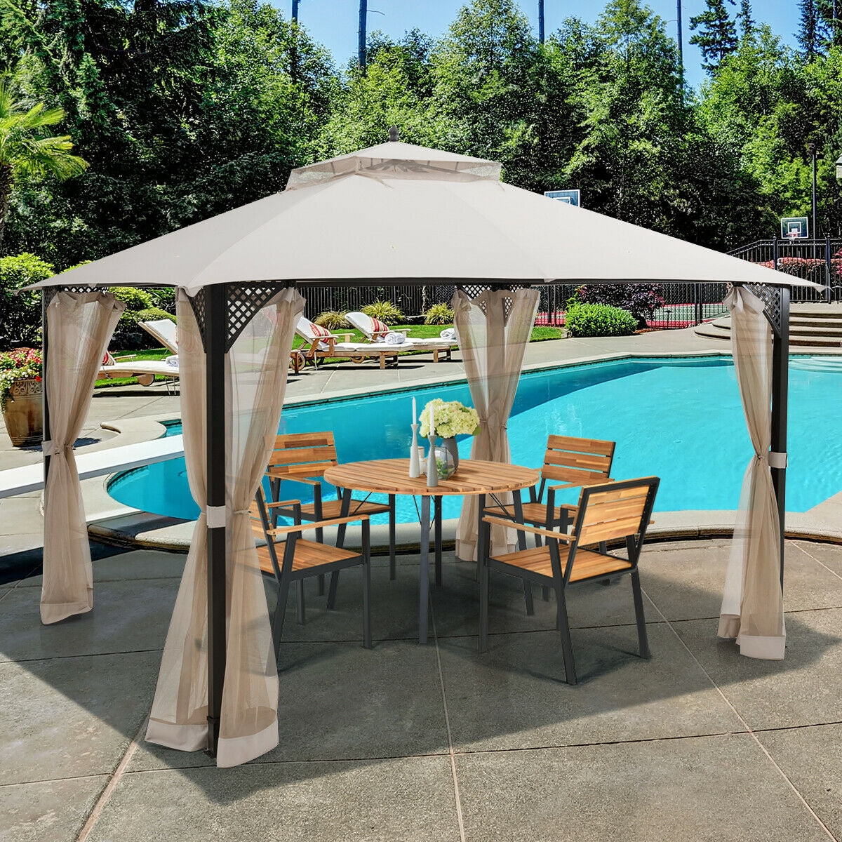 12’ x 10’Outdoor Double Top Patio Gazebo-Beige providing shade by a pool with dining set underneath