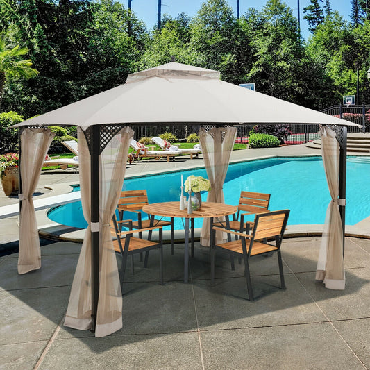 12’ x 10’Outdoor Double Top Patio Gazebo-Beige providing shade by a pool with dining set underneath