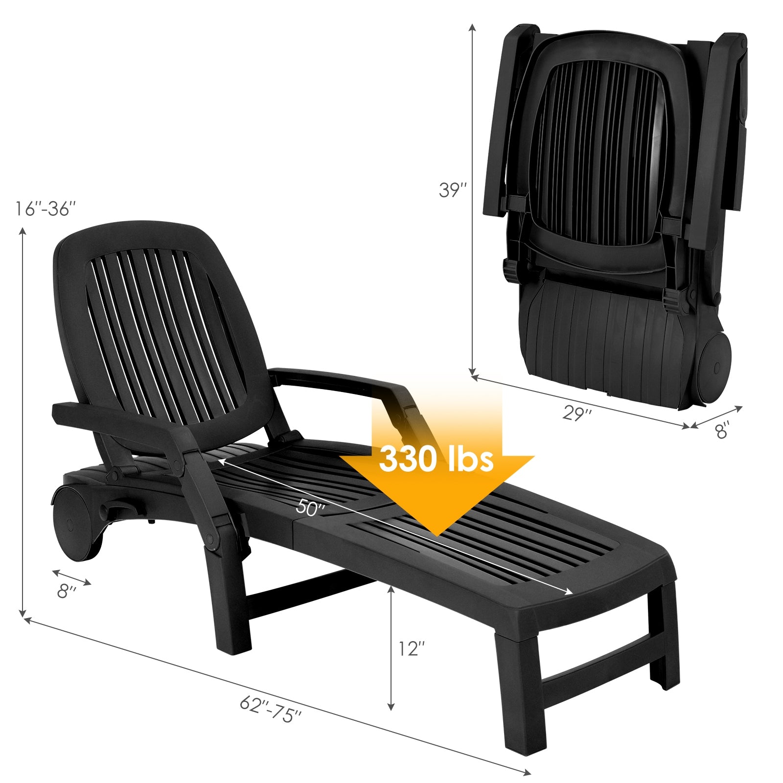 Adjustable Patio Sun Lounger with Weather Resistant Wheels-Black, folding design with 6 adjustable angles and stable structure