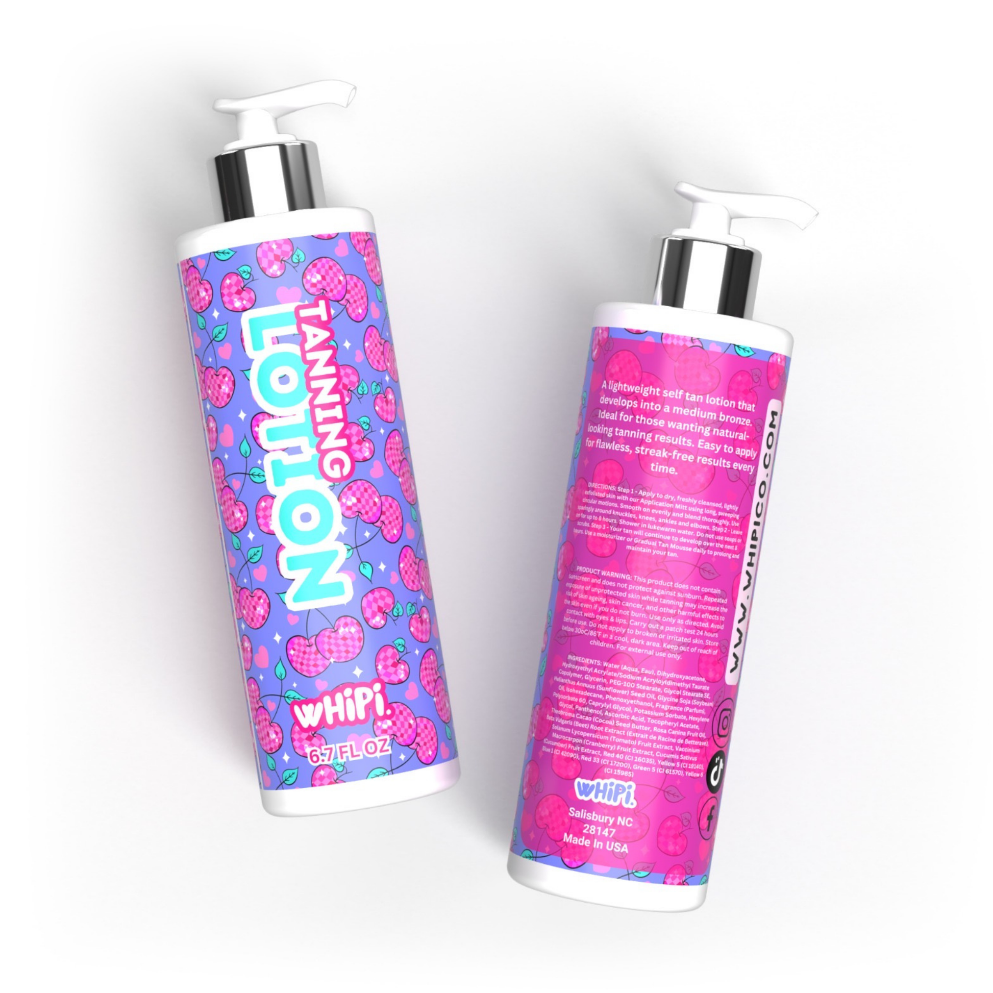 Cherry Picked Tanning Lotion bottles for a deep, streak-free tan with hydrating formula. No sun damage. 6.7 fl oz.