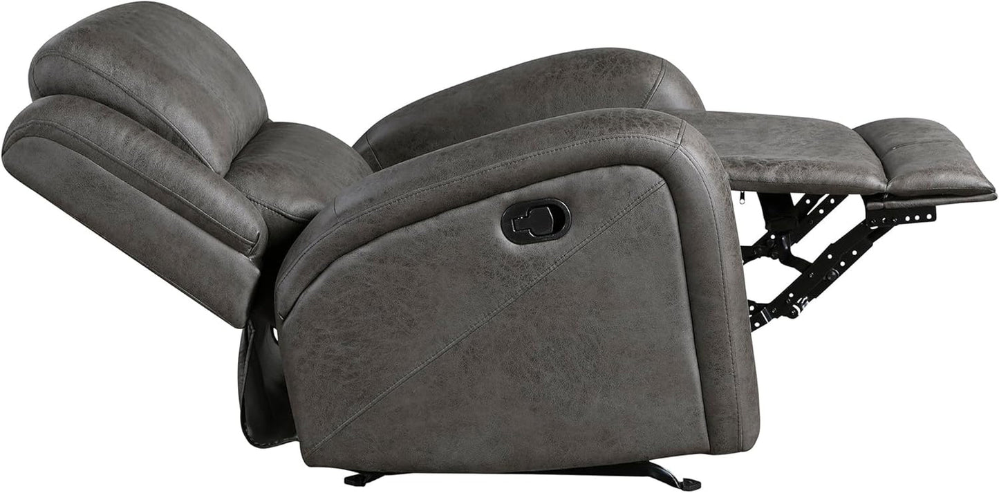 Side view of Grey Rocker Recliner Chair With Manual Recline Living Room, showcasing plush cushions and waterfall back design.