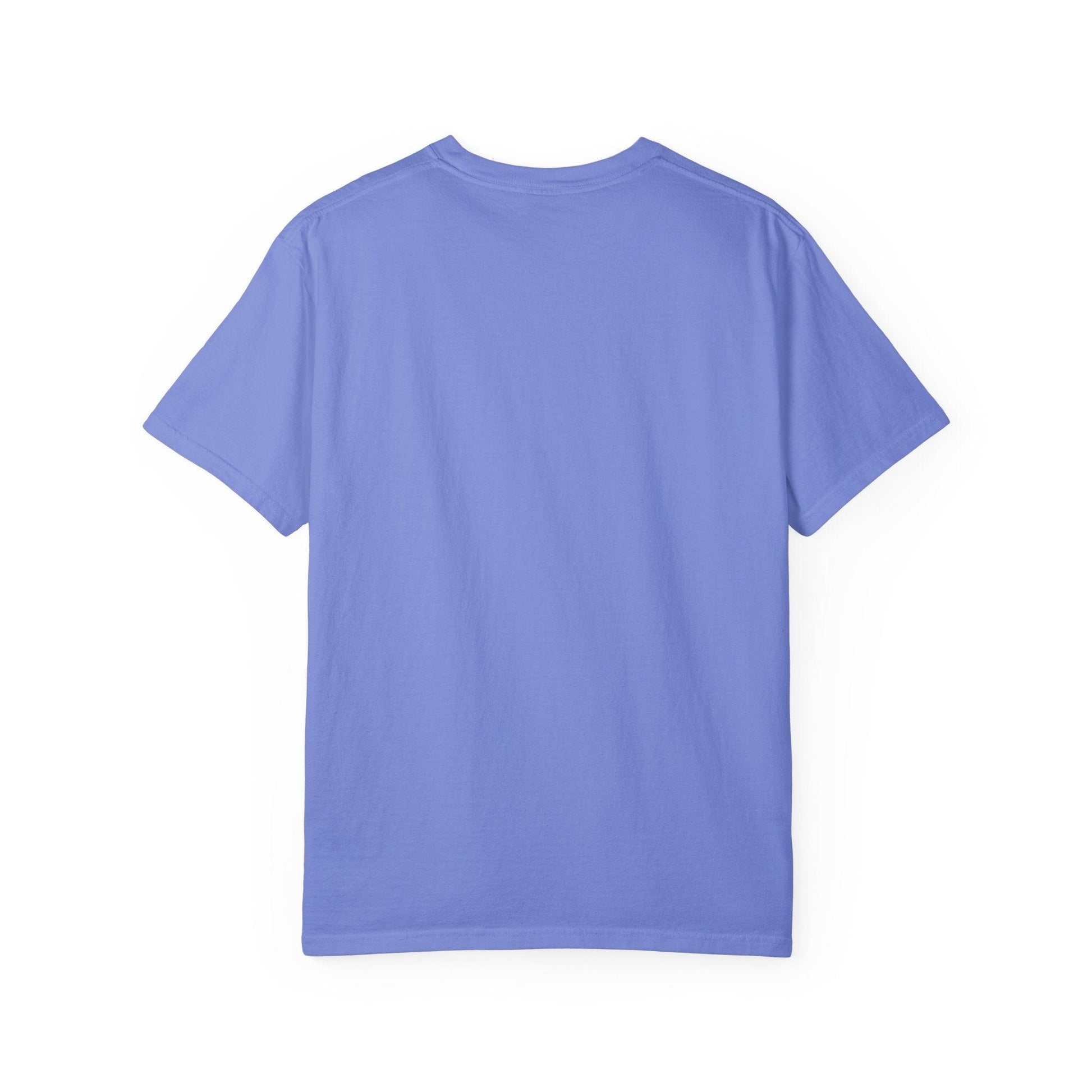 Back view of Everybody at the Bar Gettin Tipsy Unisex Garment-Dyed T-Shirt in blue