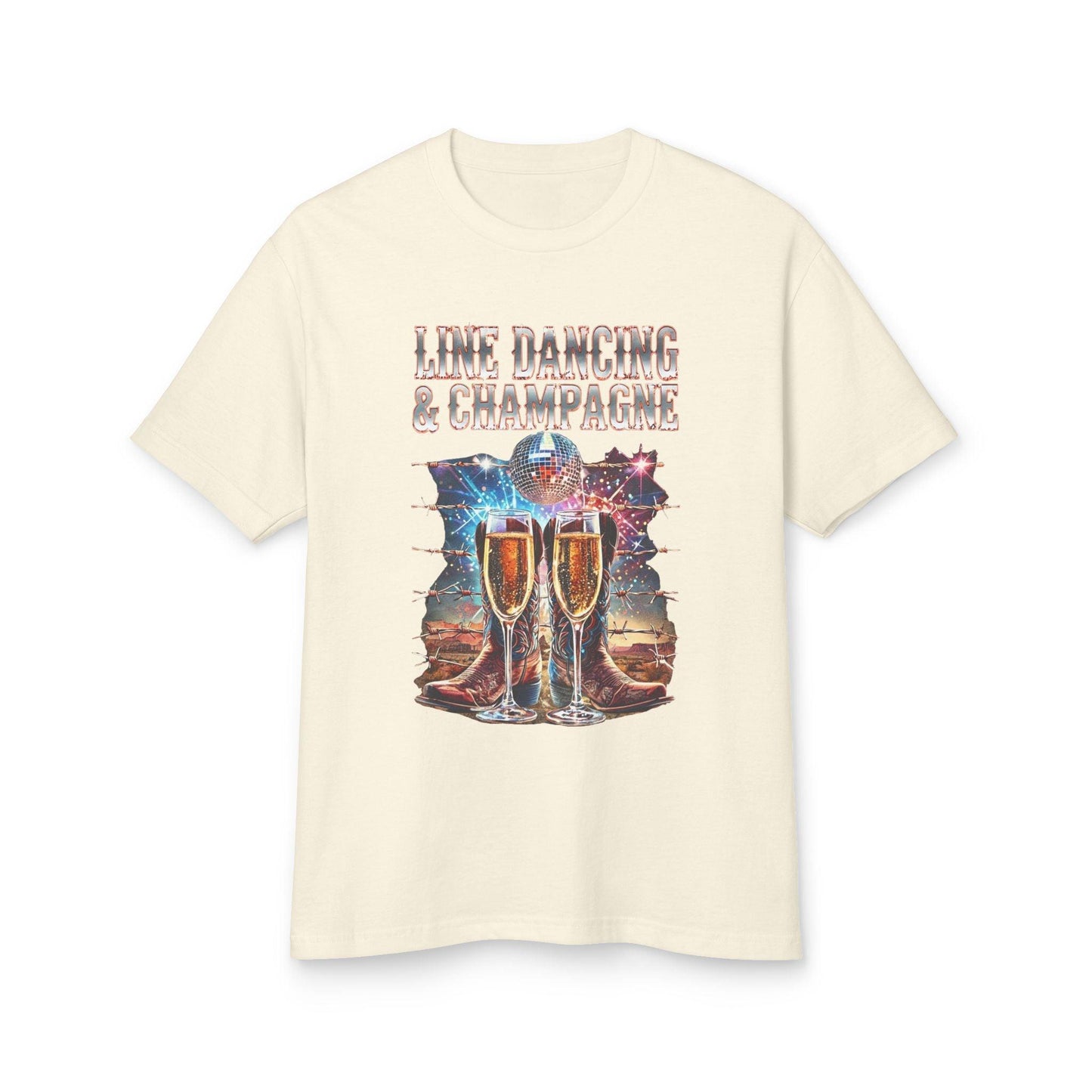 Women's Line Dancing and Champagne T-Shirt with boots and champagne glasses graphic