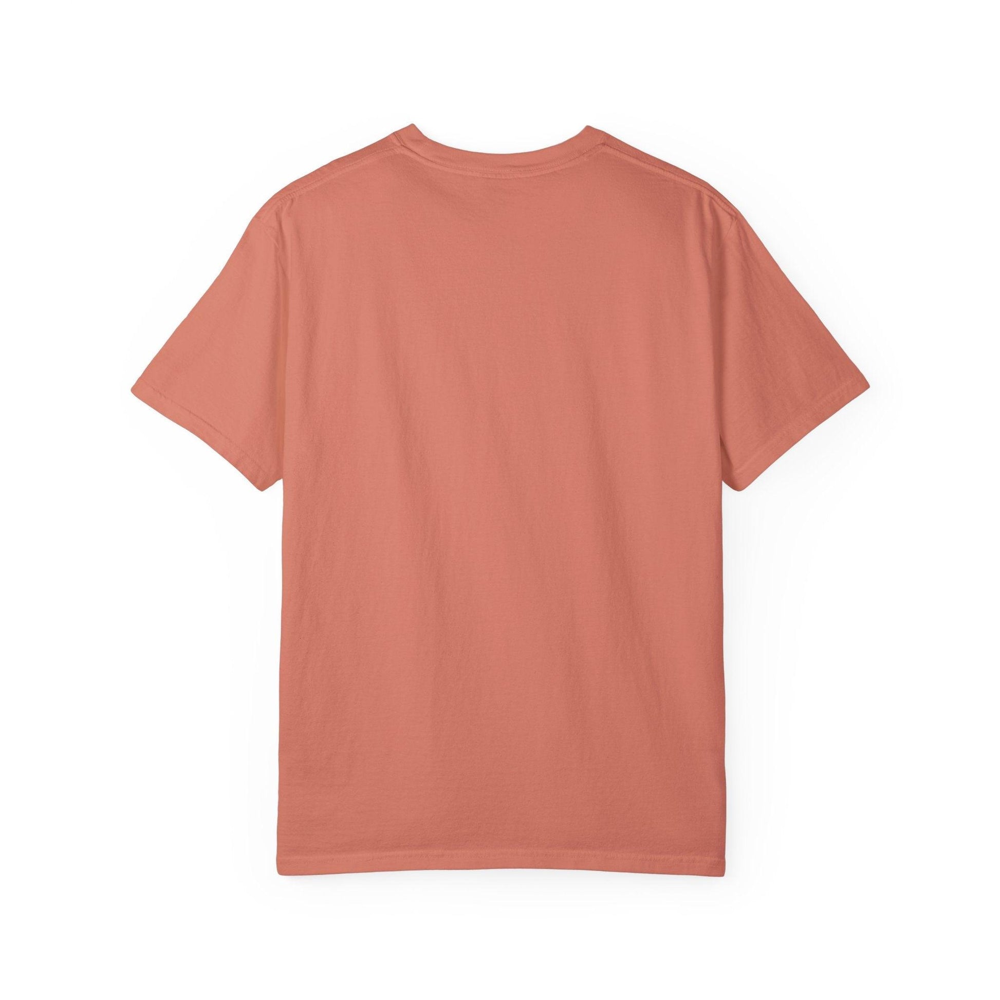 Back view of the Everybody at the Bar Gettin Tipsy Unisex Garment-Dyed T-Shirt in coral color
