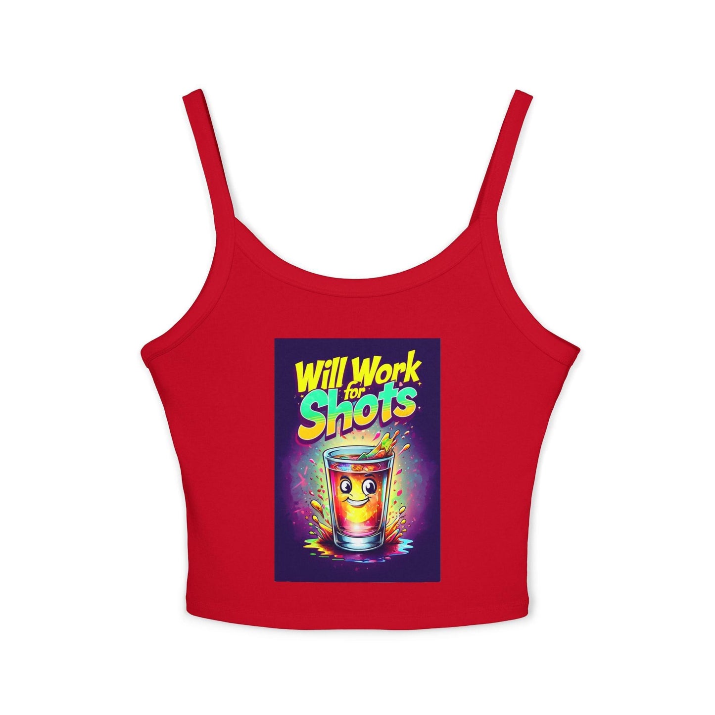 Will Work for Shots Womens Spaghetti Strap Tank Top in red with colorful text design, perfect for bartenders and waitresses.