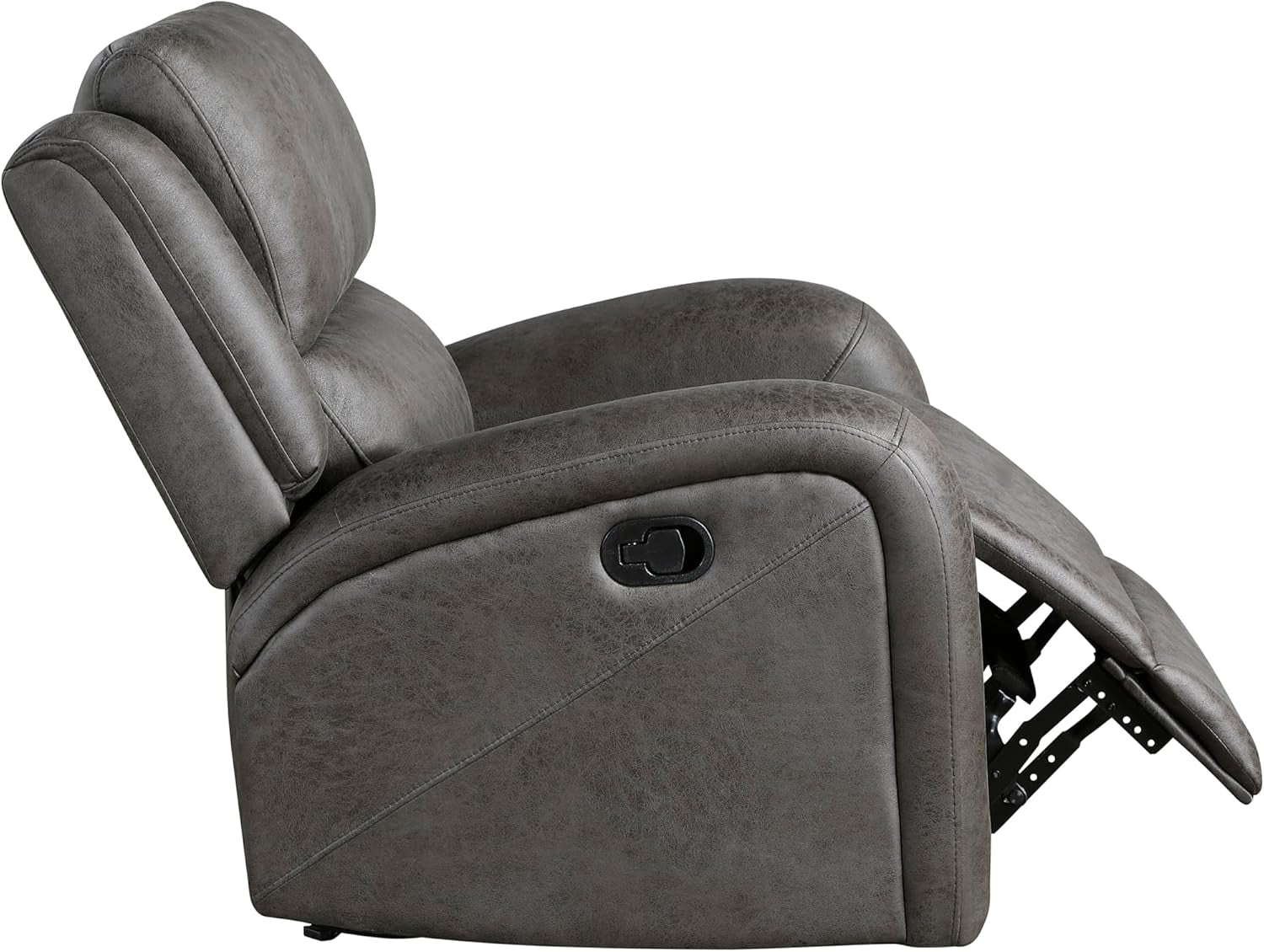 Side view of Grey Rocker Recliner Chair With Manual Recline Living Room, showcasing its plush cushions and waterfall back design.