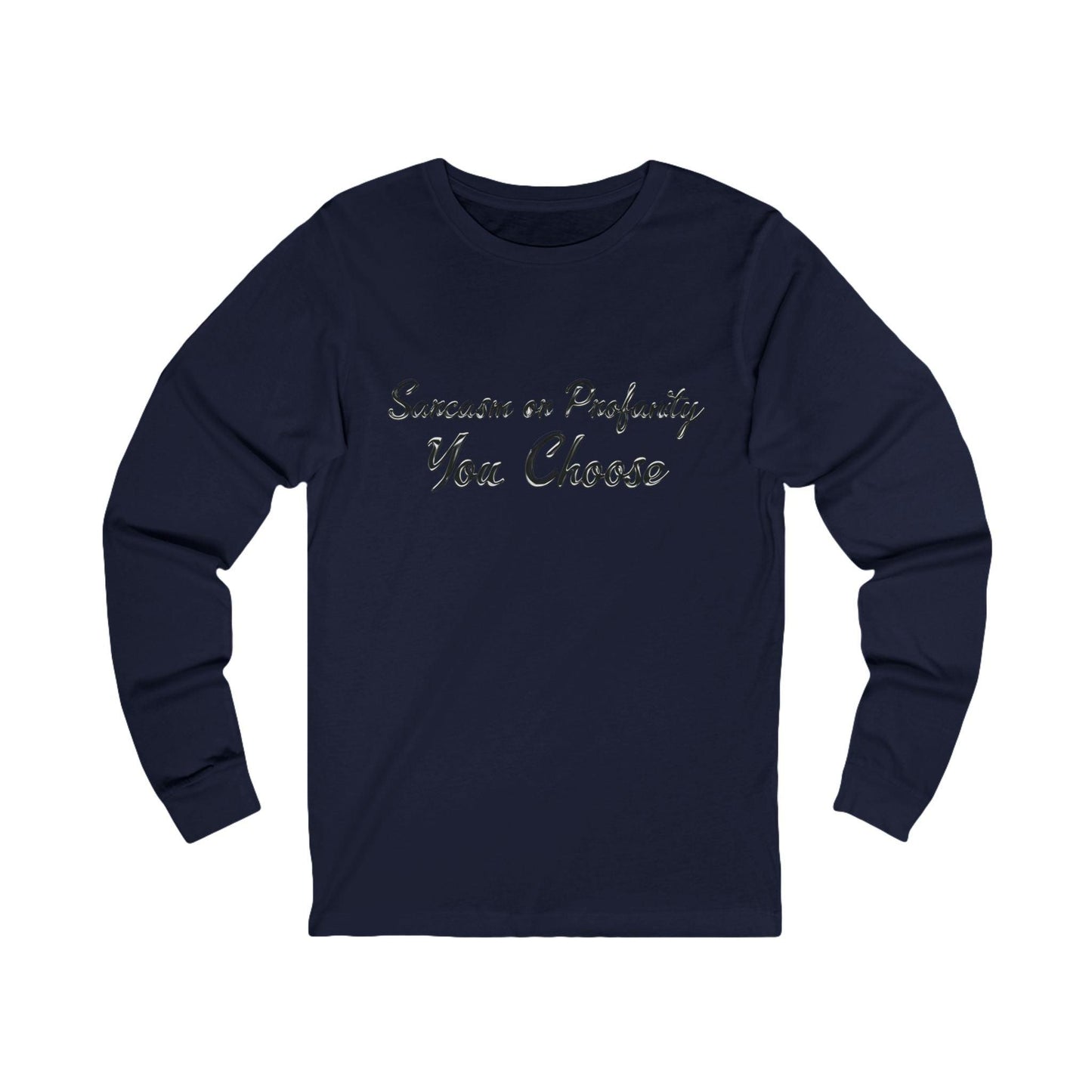 Serve Up Attitude Womens Jersey Long Sleeve Tee with Sarcasm or Profanity in navy with chrome text.