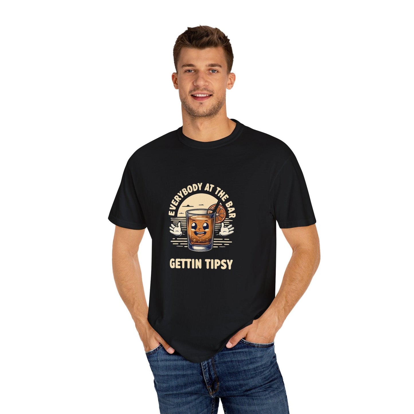 Model wearing Everybody at the Bar Gettin Tipsy Unisex Garment-Dyed T-Shirt with whiskey glass graphic and playful text design.