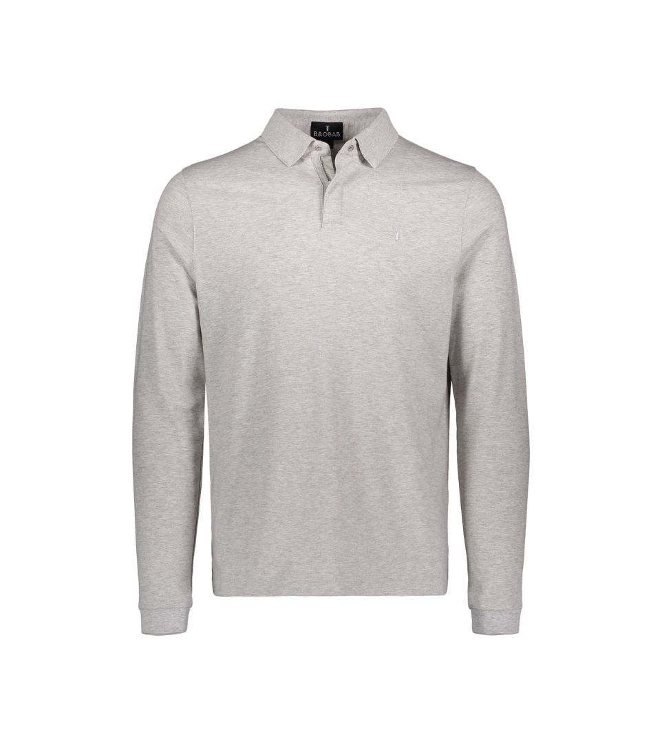 Long Sleeve Perfect Polo with StaySharp™ Collar in light grey color, tailored fit, and four-way stretch fabric