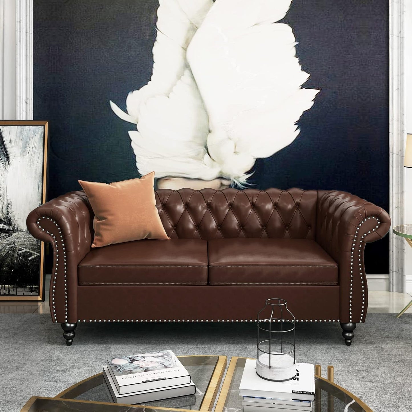 3 Piece Chesterfield Leather Living Room Set Sofa Loveseat Chair Dark Brown with Scroll Arms and Nailhead in elegant room