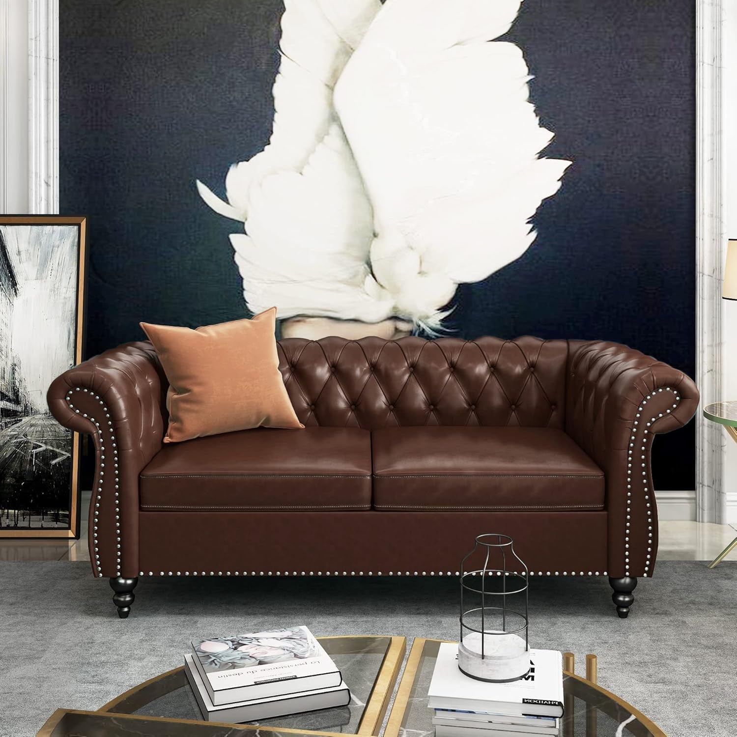 3 Piece Chesterfield Leather Living Room Set Sofa Loveseat Chair Dark Brown with Scroll Arms and Nailhead in elegant room