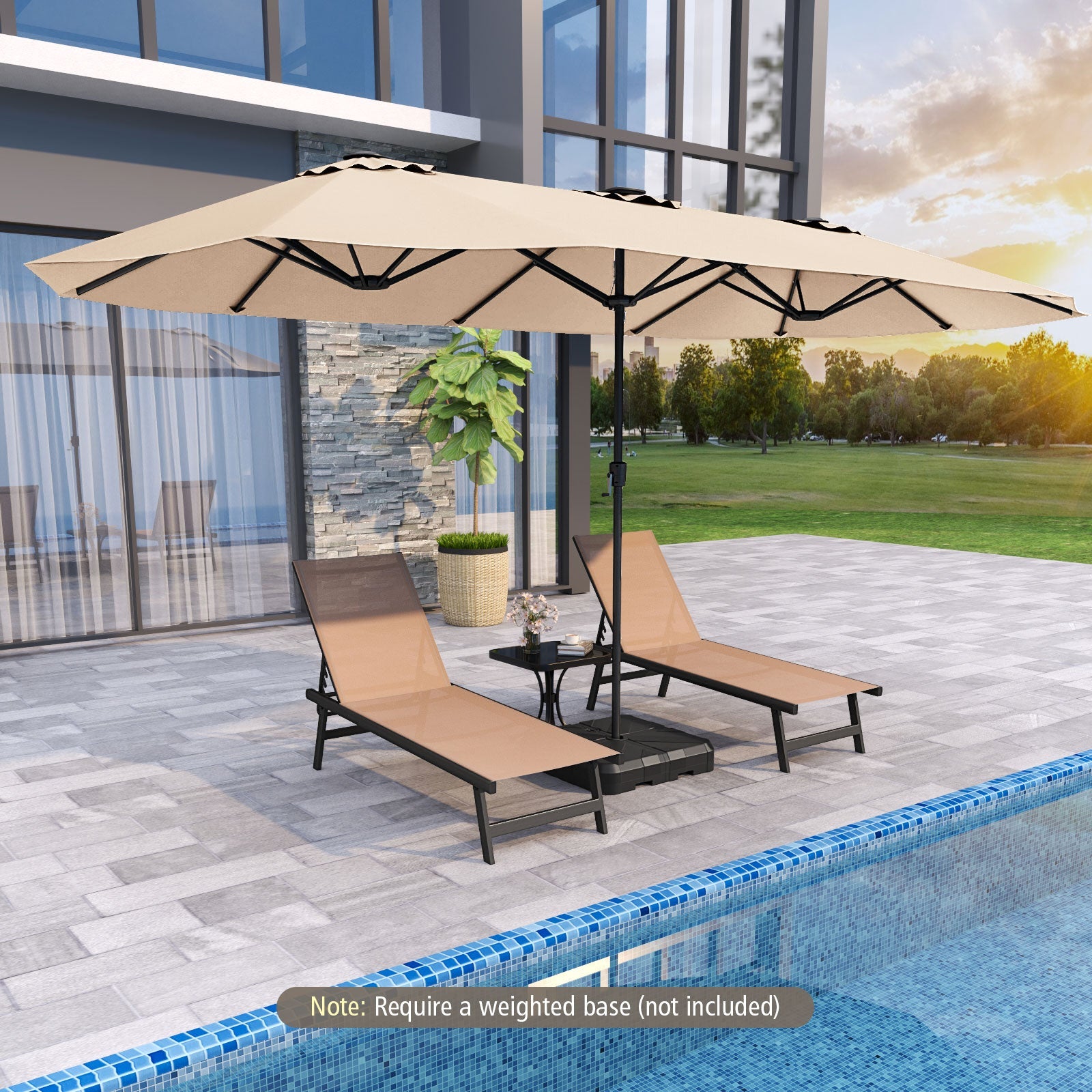 15.5 FT Extra-Large Patio Umbrella with LED Solar Lights and Crank Handle-Beige over poolside lounge chairs