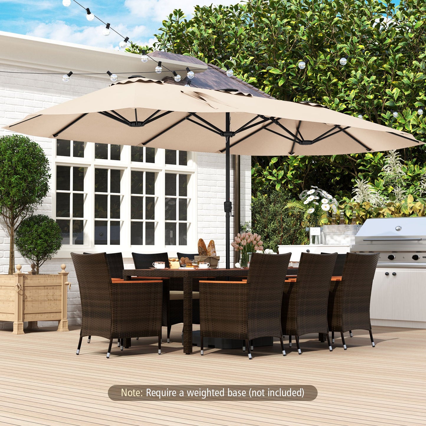 15.5 FT Extra-Large Patio Umbrella with LED Solar Lights and Crank Handle-Beige over outdoor dining set