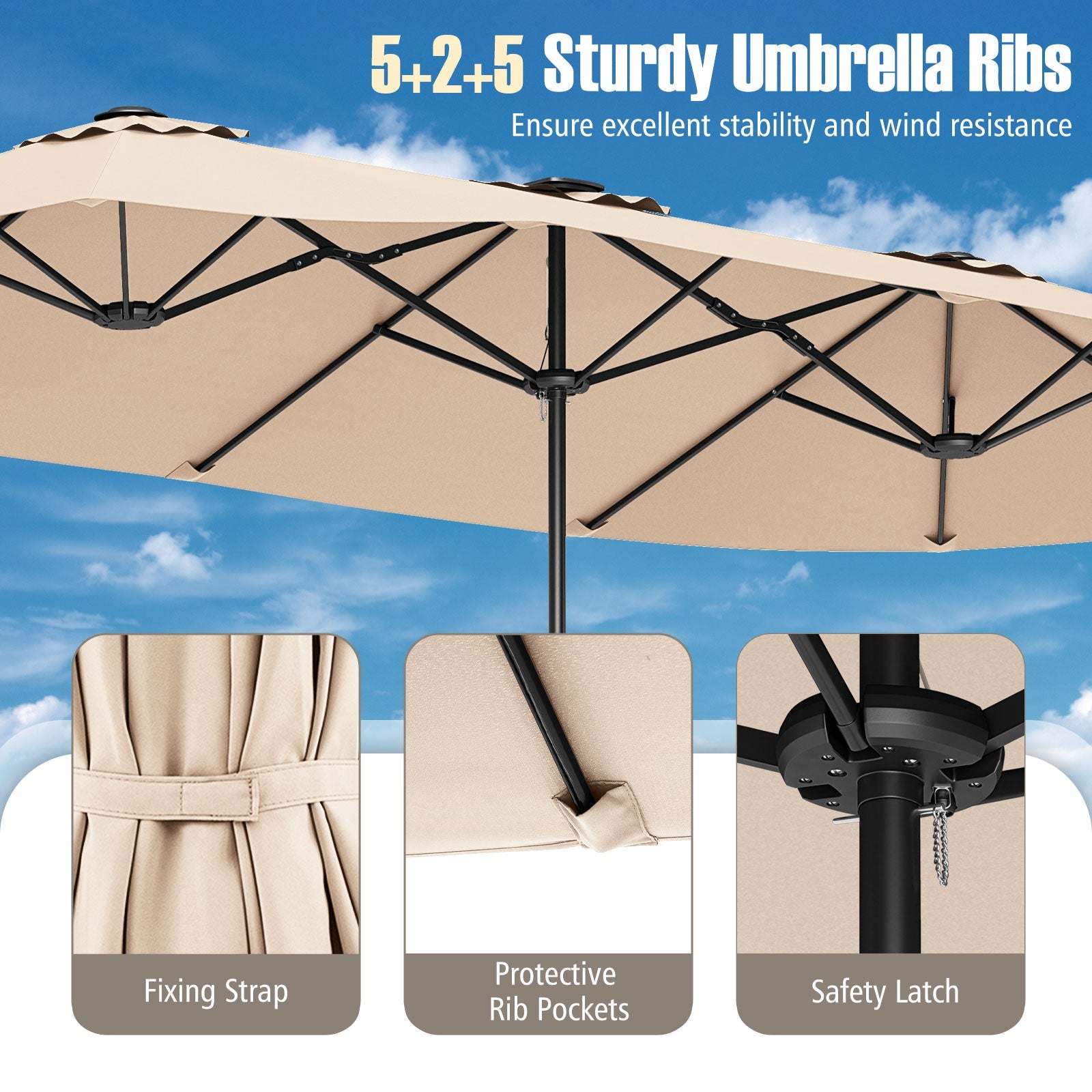 15.5 FT Extra-Large Patio Umbrella with LED Solar Lights and Crank Handle-Beige showing sturdy ribs, fixing strap, and safety latch.