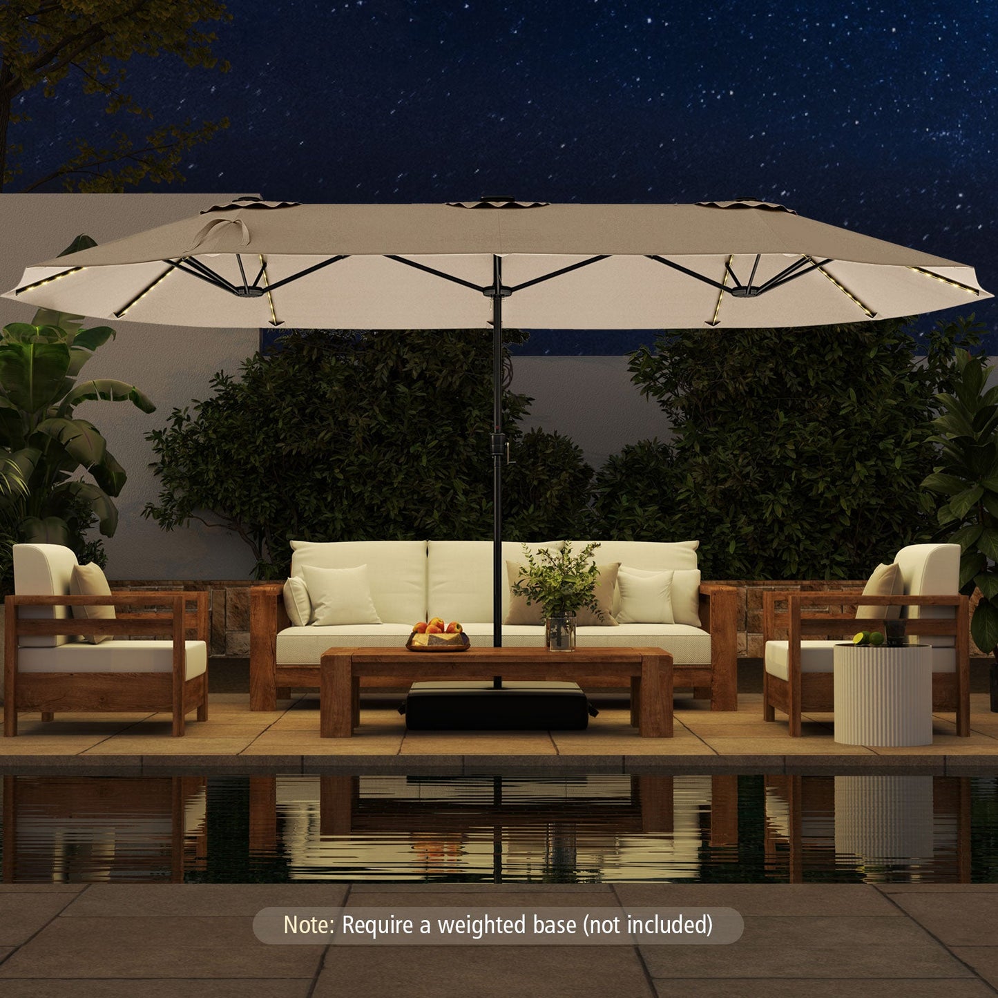15.5 FT Extra-Large Patio Umbrella with LED Solar Lights and Crank Handle-Beige over outdoor seating area at night