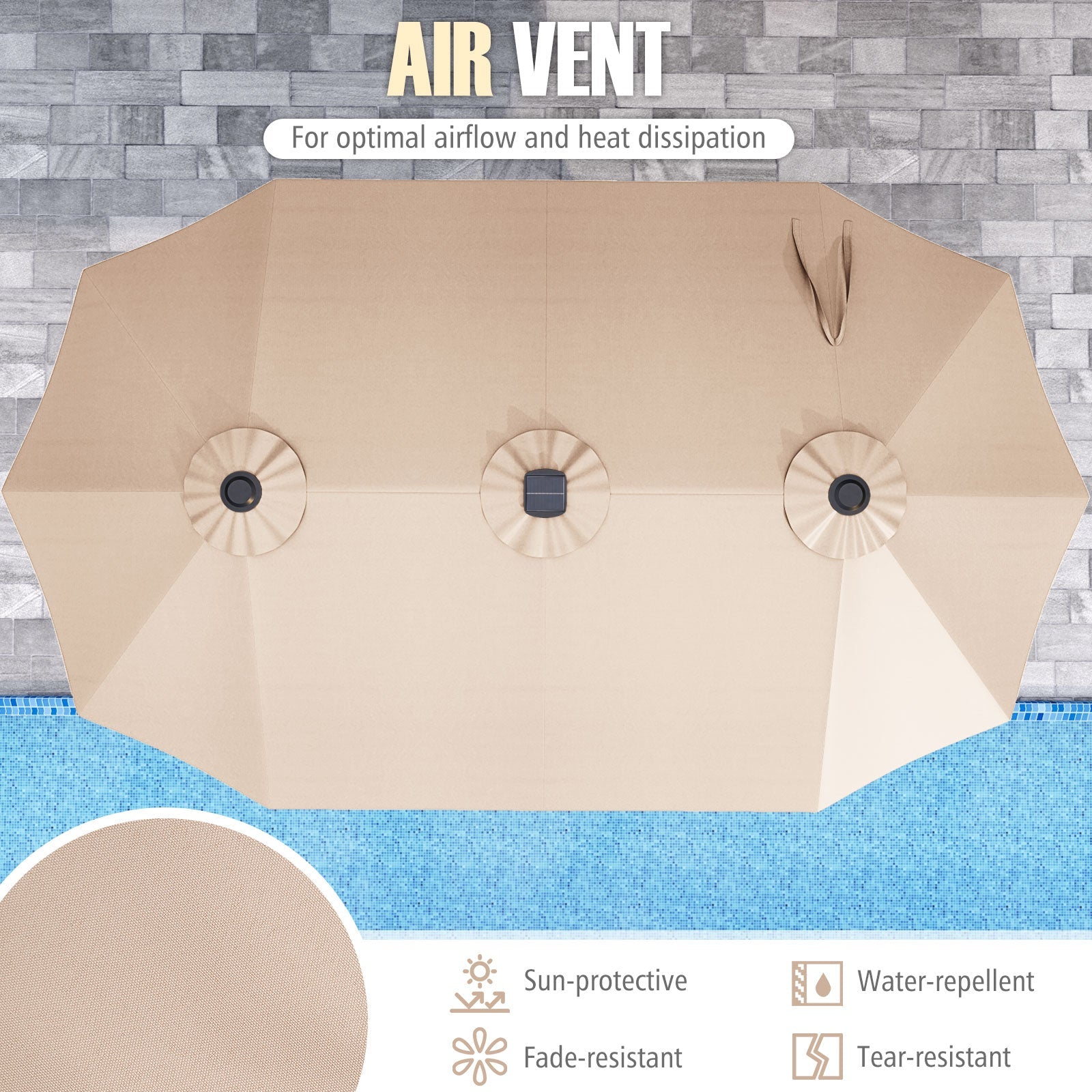 Top view of 15.5 FT Extra-Large Patio Umbrella with LED Solar Lights and Crank Handle-Beige features air vent and water-repellent fabric