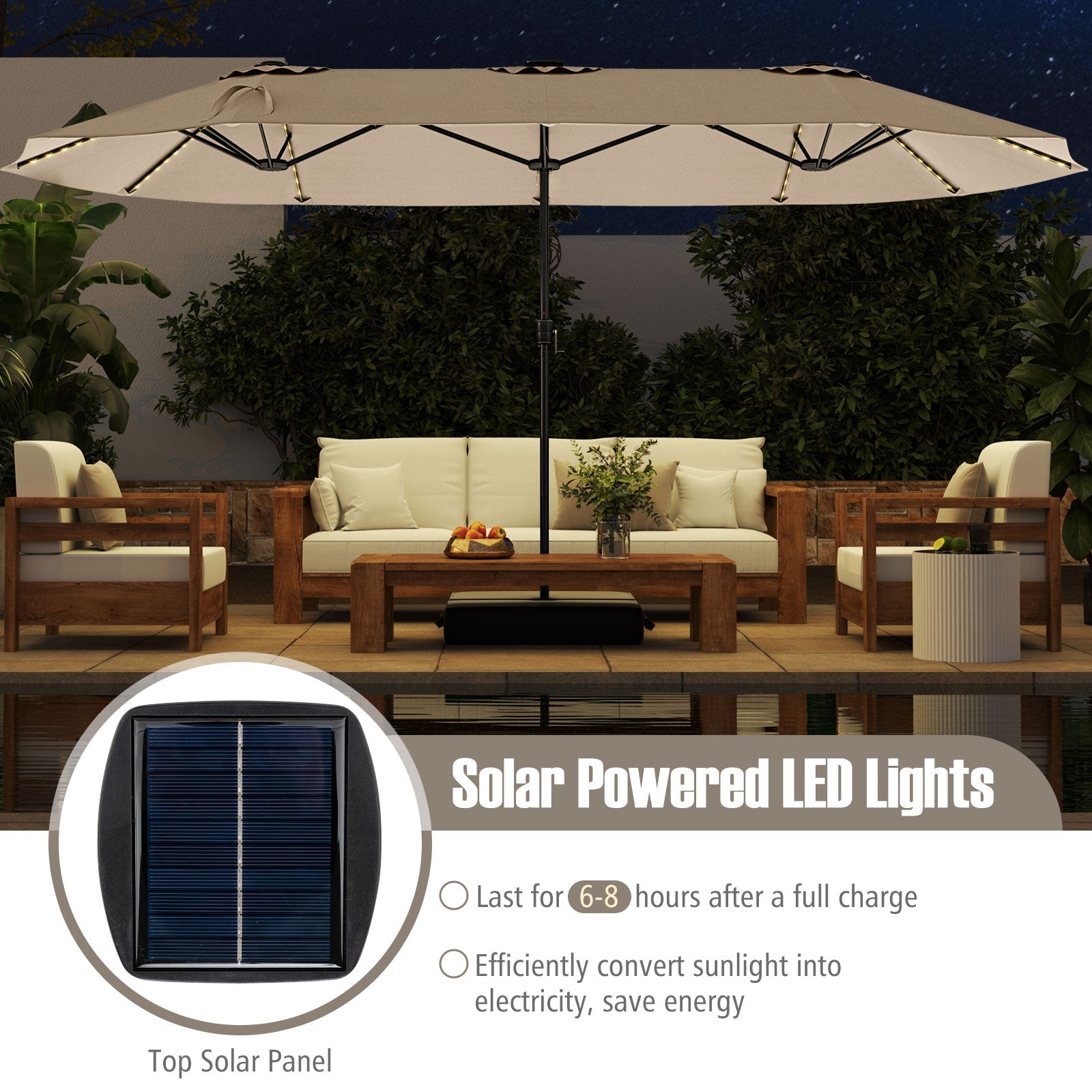 15.5 FT Extra-Large Patio Umbrella with LED Solar Lights and Crank Handle-Beige over outdoor seating area at night