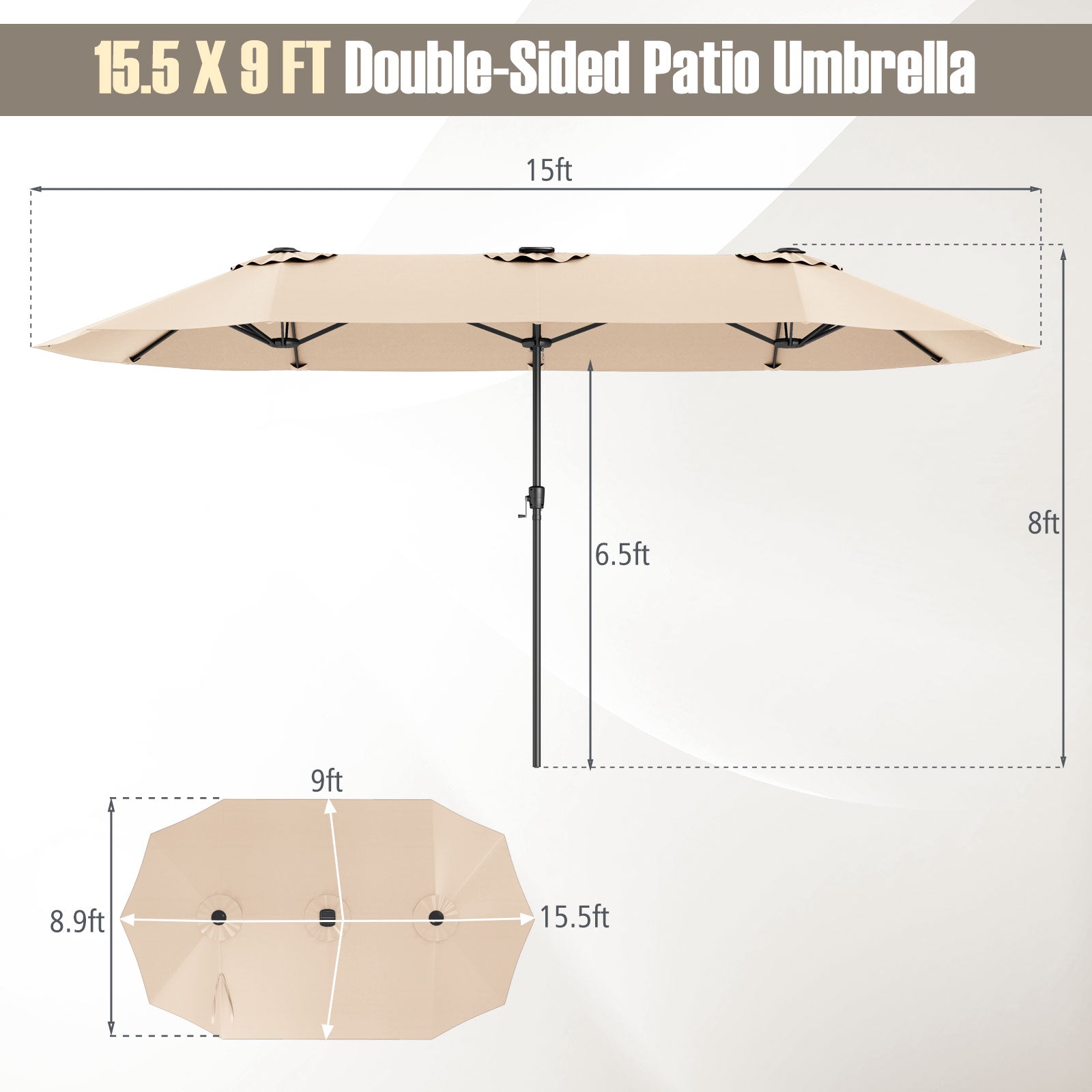 15.5 FT Extra-Large Patio Umbrella with LED Solar Lights and Crank Handle-Beige double-sided design dimensions