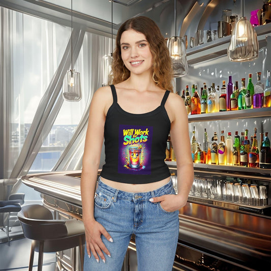 Smiling woman wearing Will Work for Shots Womens Spaghetti Strap Tank Top in a stylish bar setting