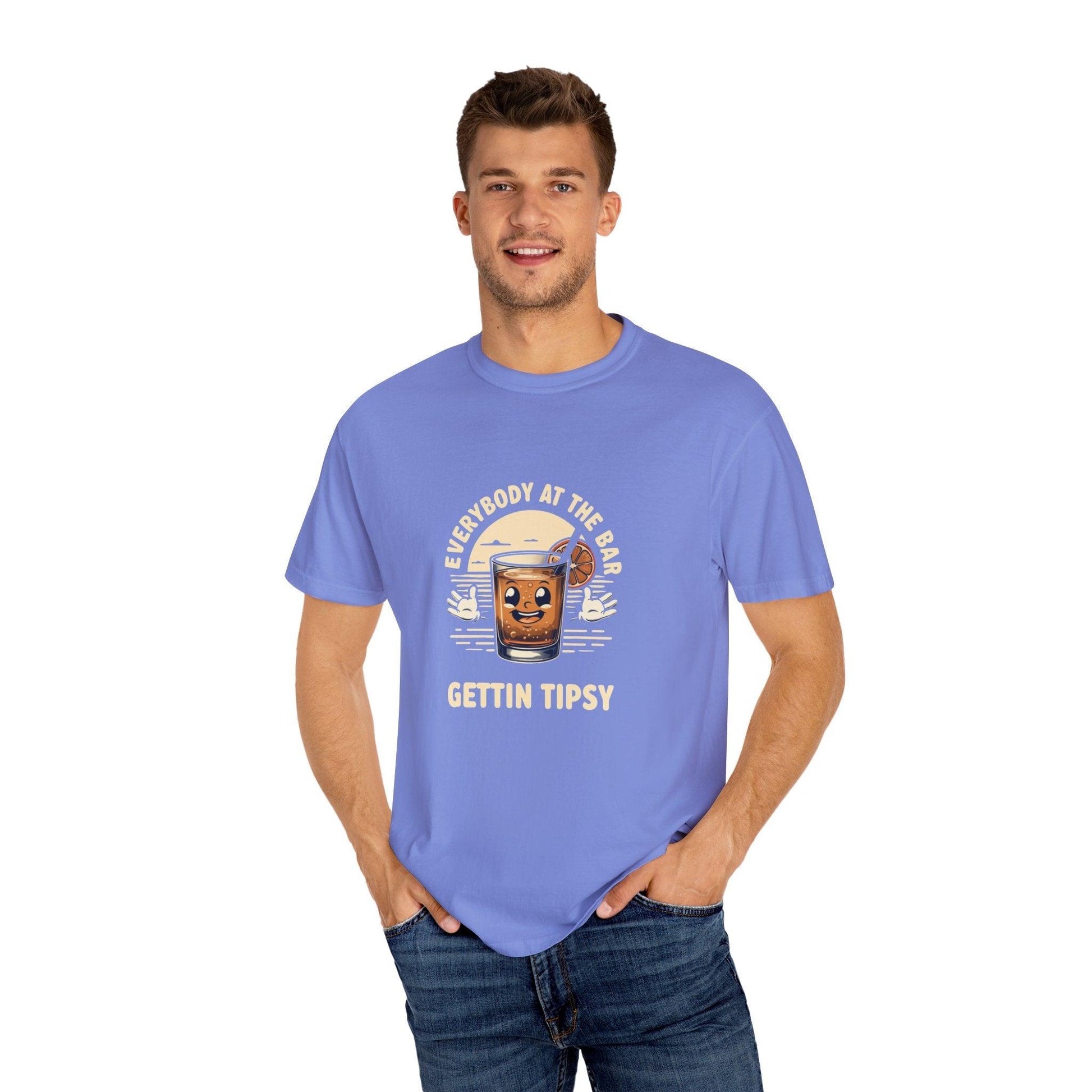 Everybody at the Bar Gettin Tipsy Unisex Garment-Dyed T-Shirt with whiskey glass graphic