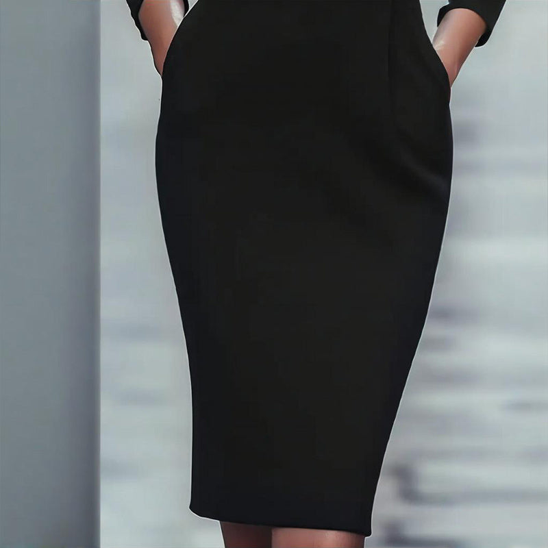 Women’s Black Bodycon Midi Dress with v-collar neckline and belted waist detail, showcasing elegant and chic style.